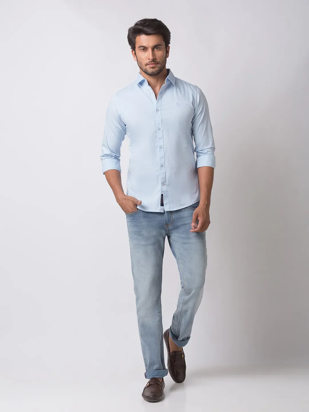 Blue Slim Straight Fit Regular Collar Long Sleeves Cotton Men's Shirt by Being Human Clothing - Image 5