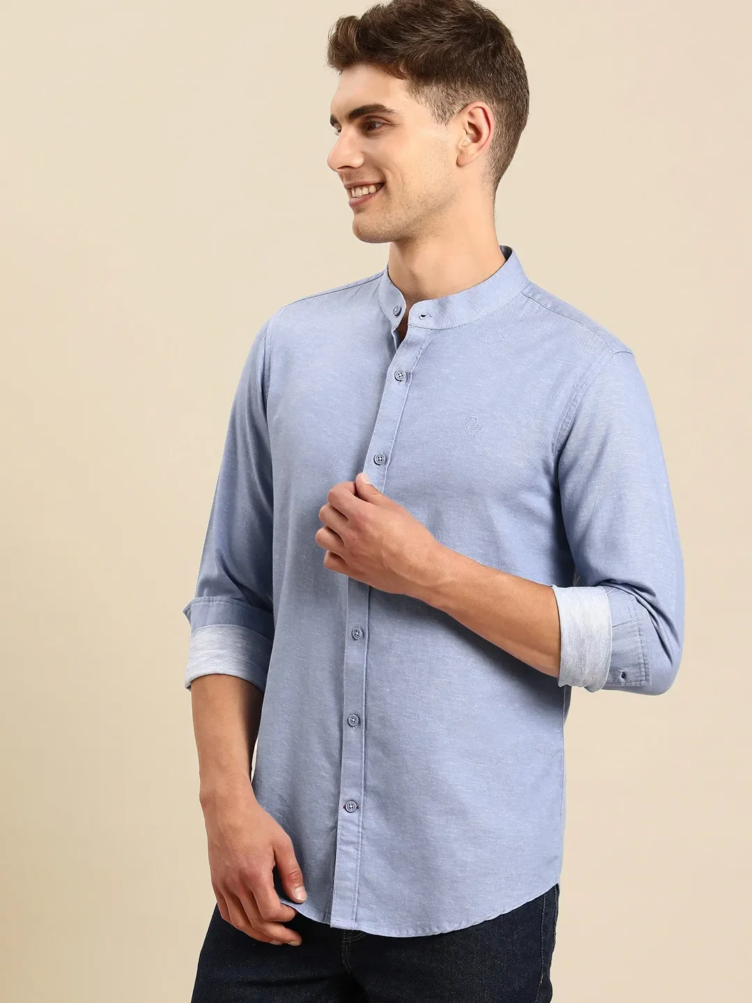 Blue Slim Straight Fit Mandarin Collar Long Sleeves Cotton Men's Shirt by Being Human Clothing - Image 2