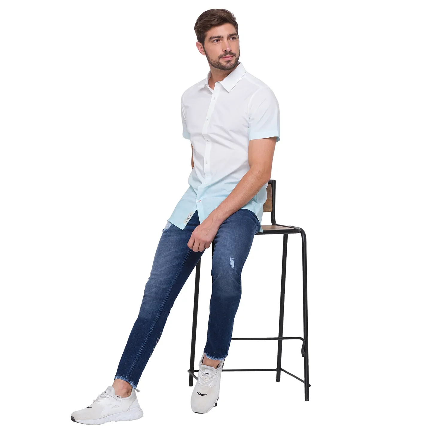 Blue Slim Straight Fit Regular Collar Short Sleeves Cotton Men's Shirt by Being Human Clothing
