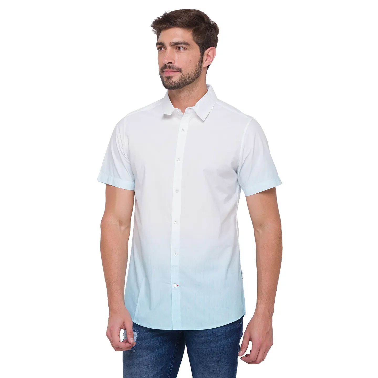Blue Slim Straight Fit Regular Collar Short Sleeves Cotton Men's Shirt by Being Human Clothing - Image 3