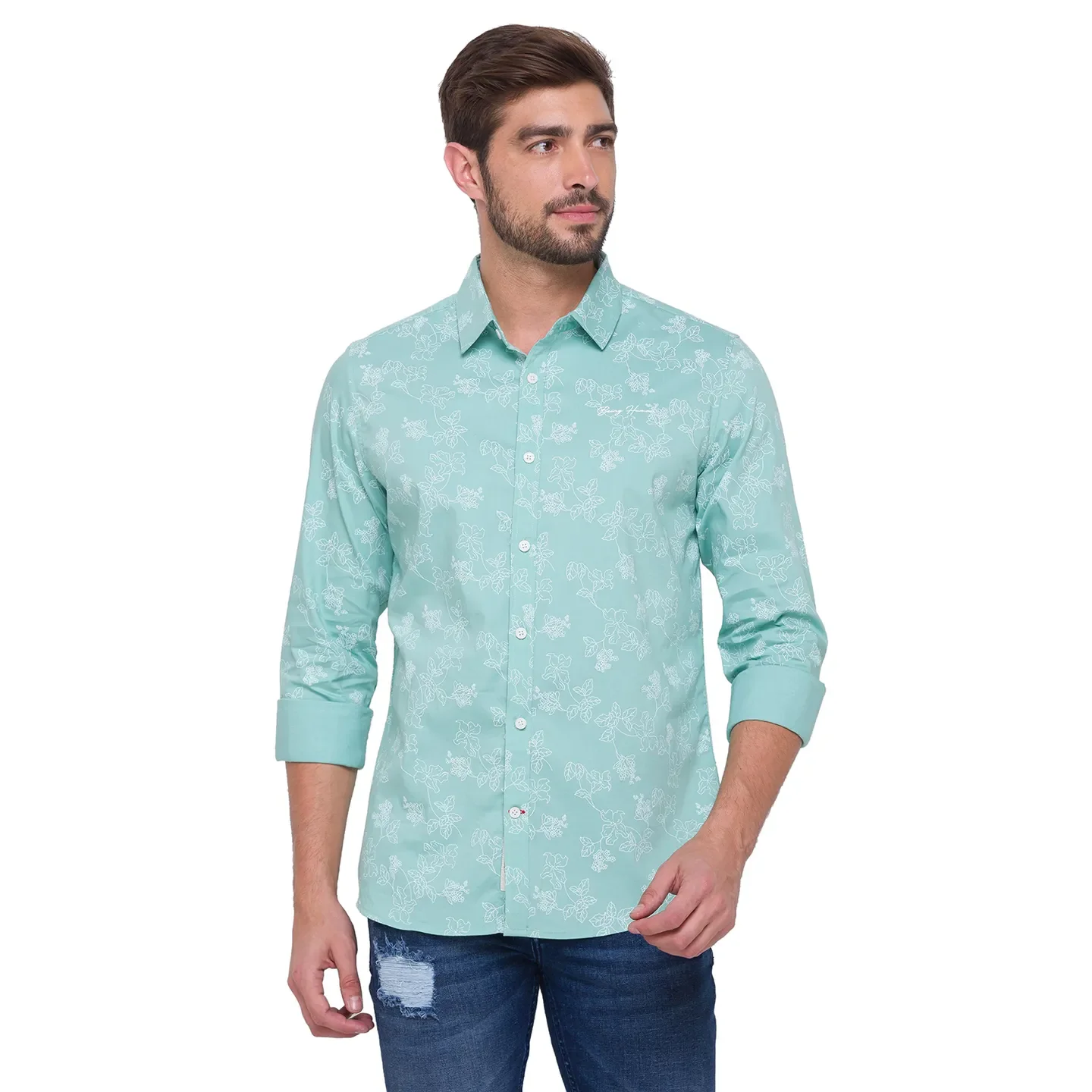 Green Slim Straight Fit Regular Collar Long Sleeves Cotton Men's Shirt by Being Human Clothing - Image 5