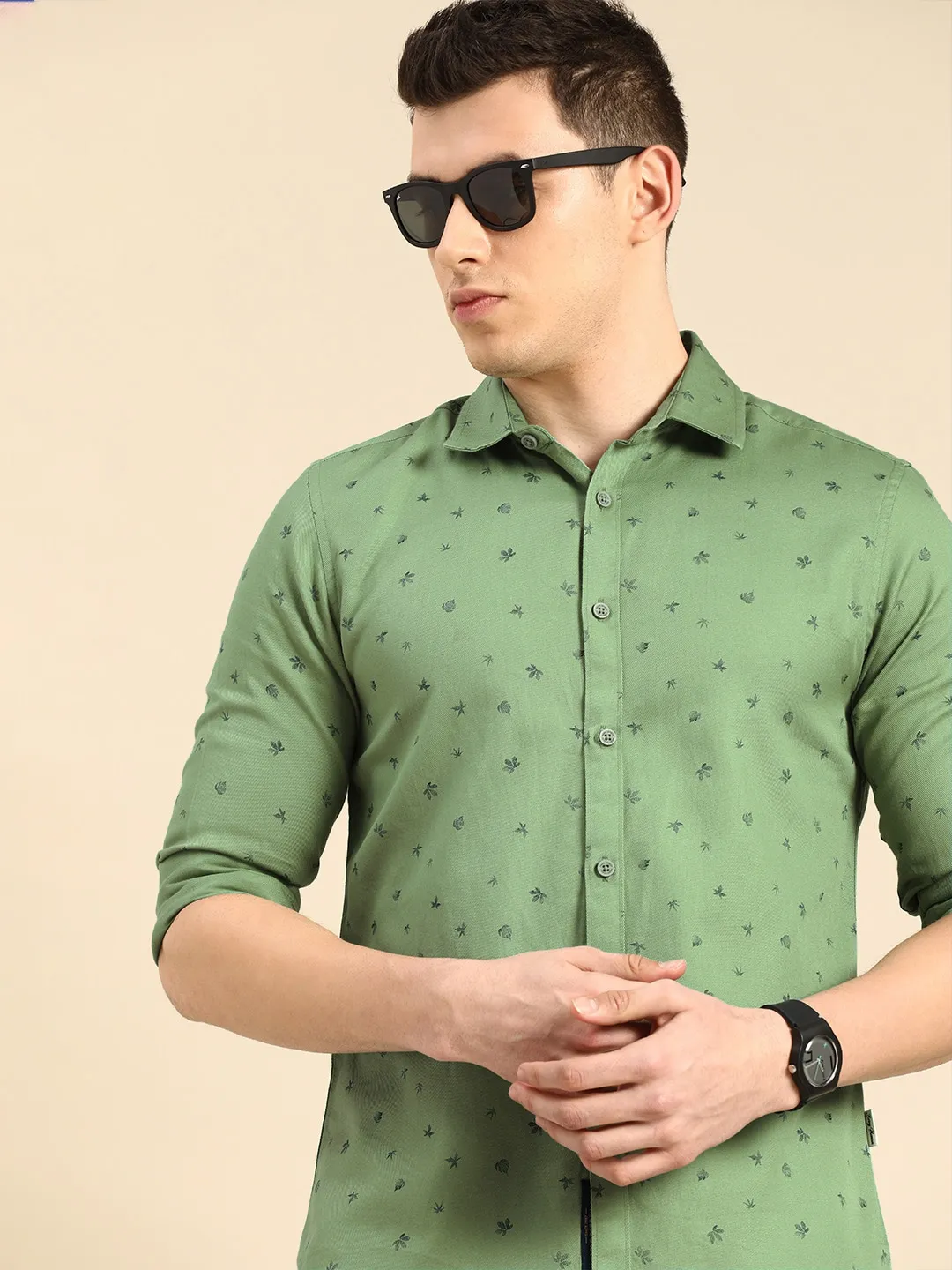 Green Slim Straight Fit Regular Collar Long Sleeves Men's Shirt by Being Human Clothing