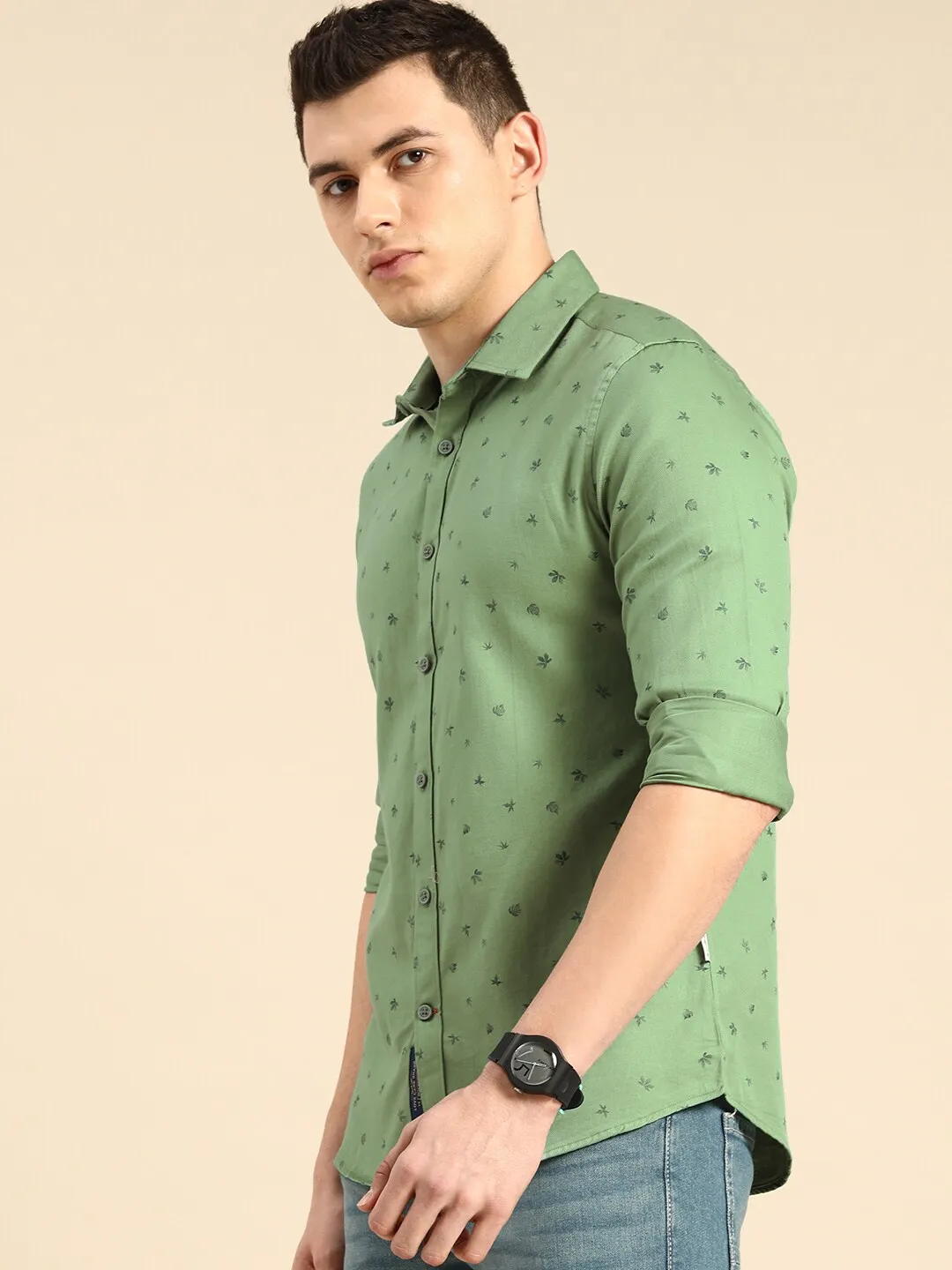 Green Slim Straight Fit Regular Collar Long Sleeves Men's Shirt by Being Human Clothing - Image 2