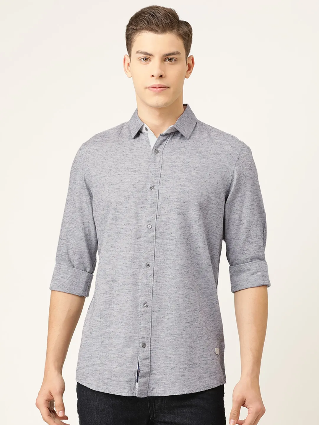 Grey Slim Straight Fit Regular Collar Long Sleeves Men's Shirt by Being Human Clothing