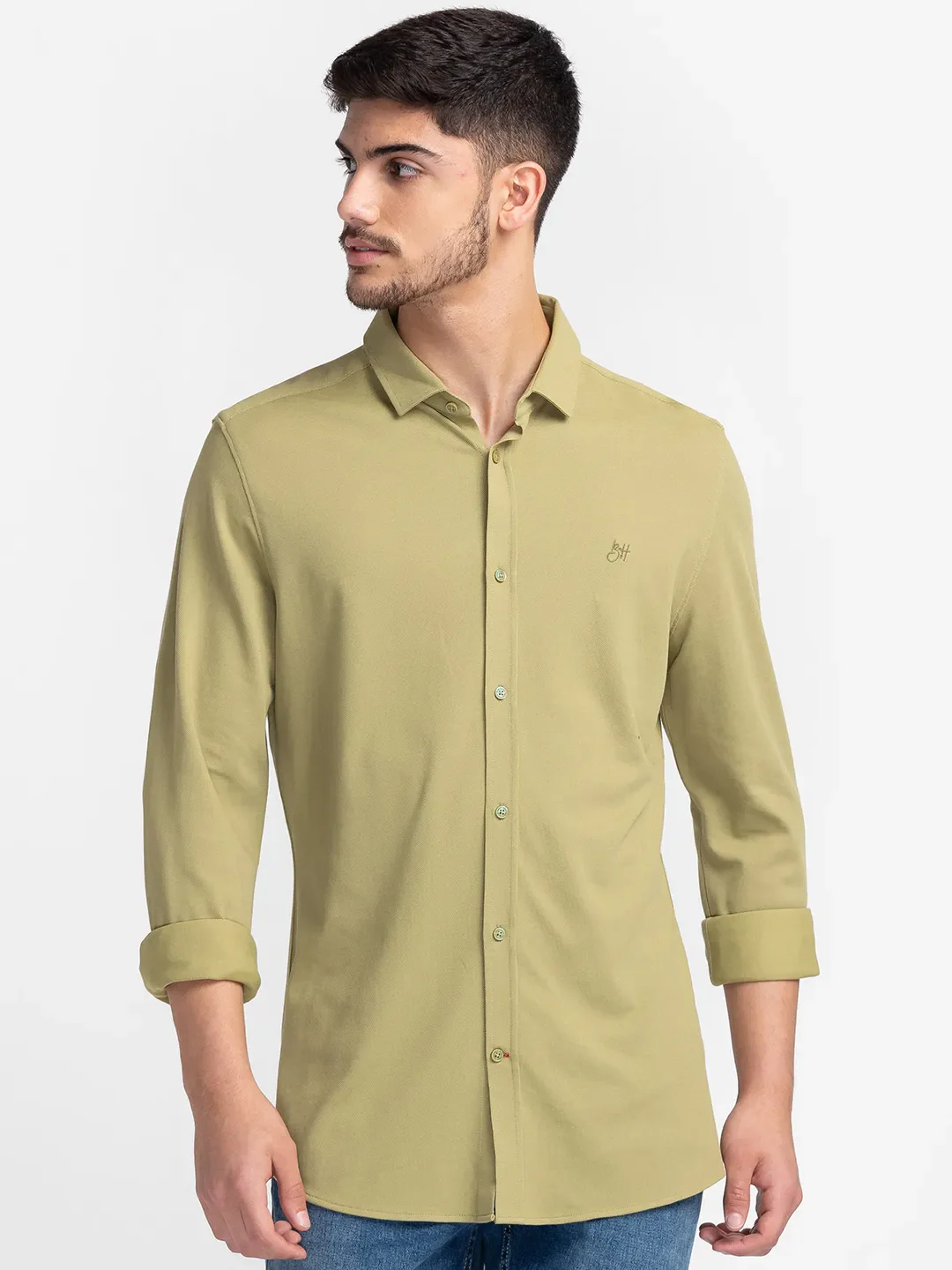 Olive Slim Straight Fit Regular Collar Long Sleeves Cotton Men's Shirt by Being Human Clothing