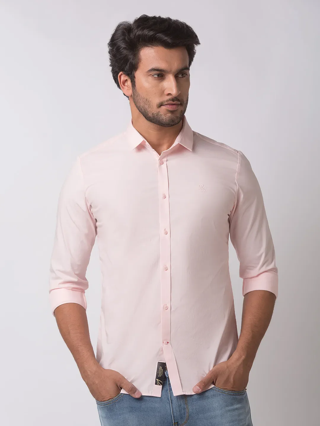 Pink Slim Straight Fit Regular Collar Long Sleeves Cotton Men's Shirt by Being Human Clothing