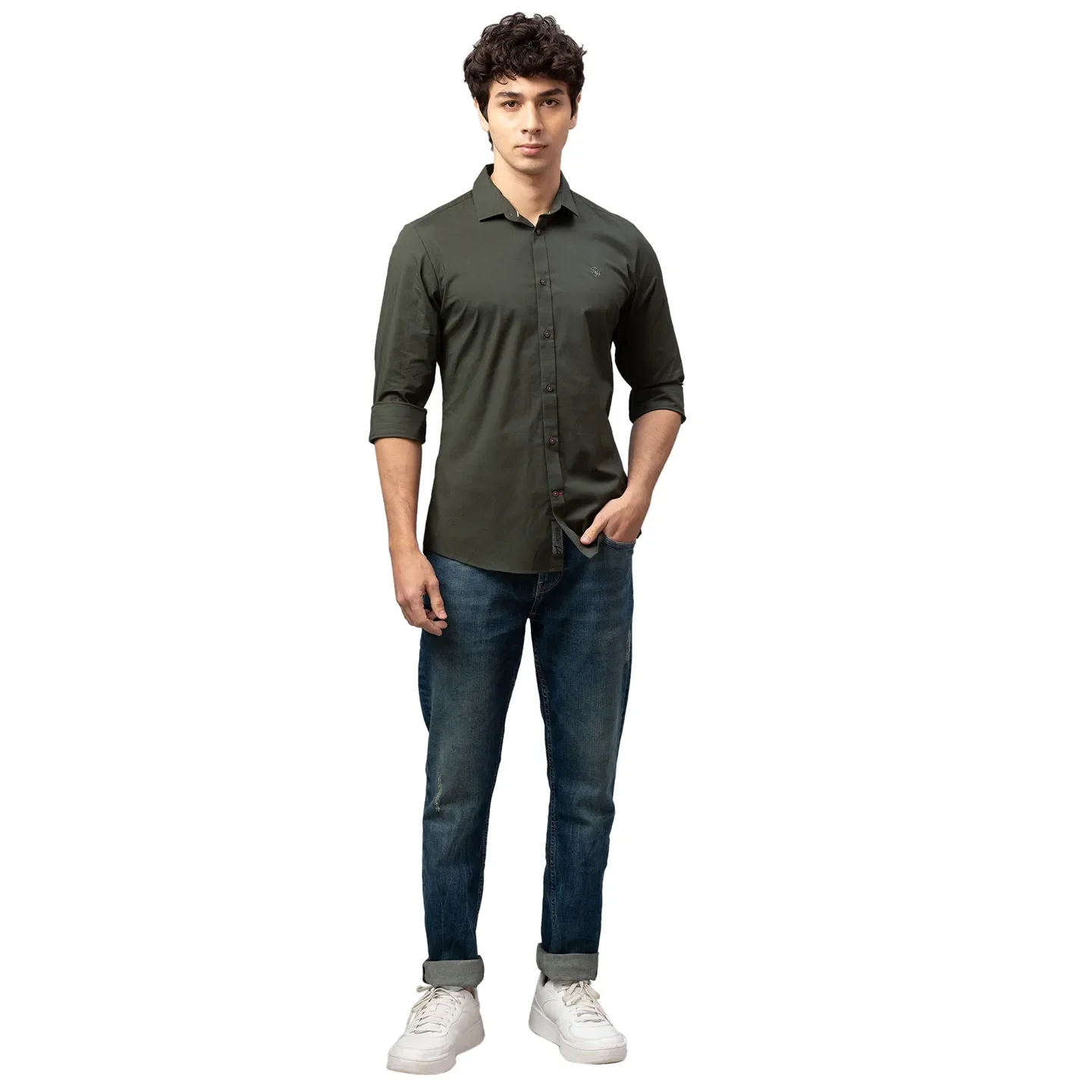Green Skinny Straight Fit Regular Collar Long Sleeves Cotton Men's Shirt by Being Human Clothing - Image 2