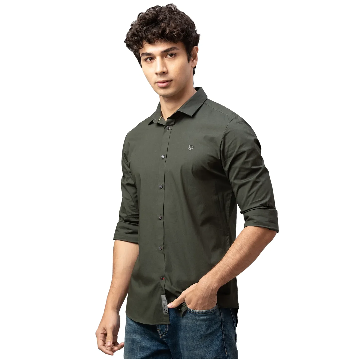 Green Skinny Straight Fit Regular Collar Long Sleeves Cotton Men's Shirt by Being Human Clothing - Image 4
