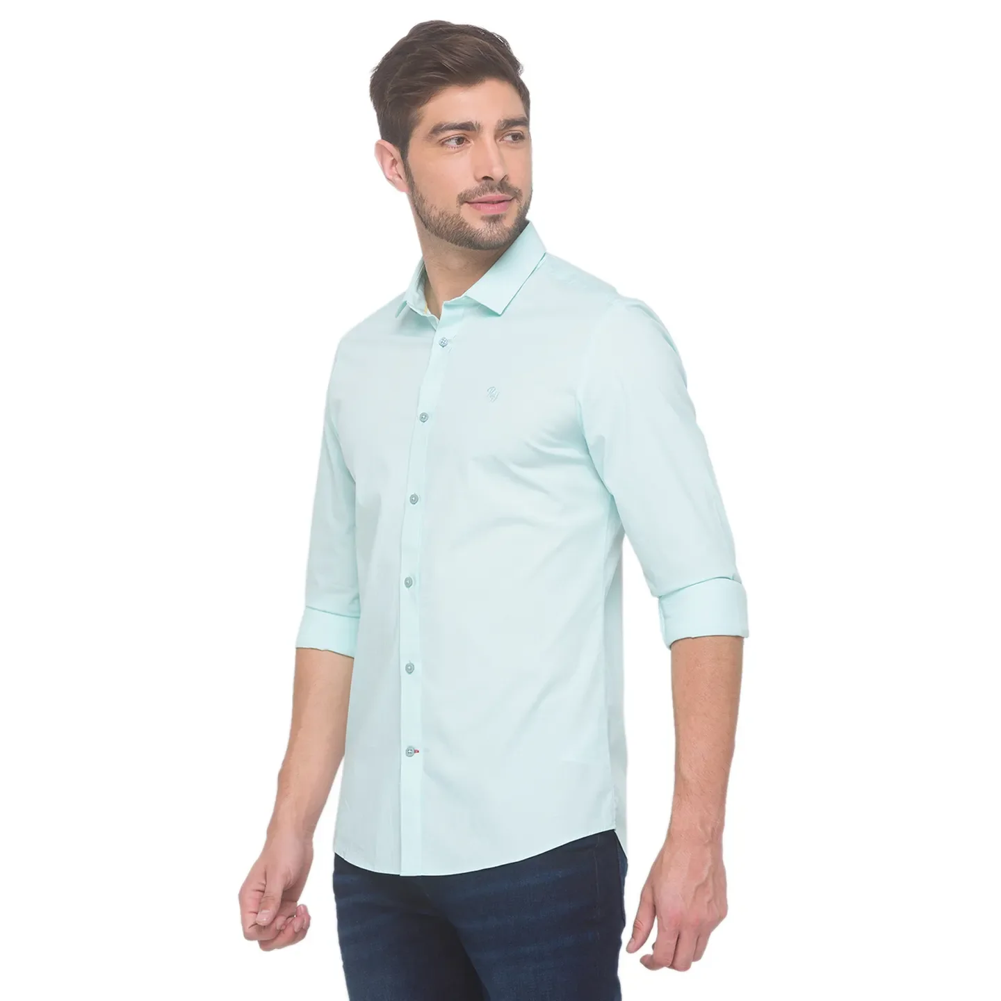 Green Slim Straight Fit Regular Collar Long Sleeves Cotton Men's Shirt by Being Human Clothing - Image 3
