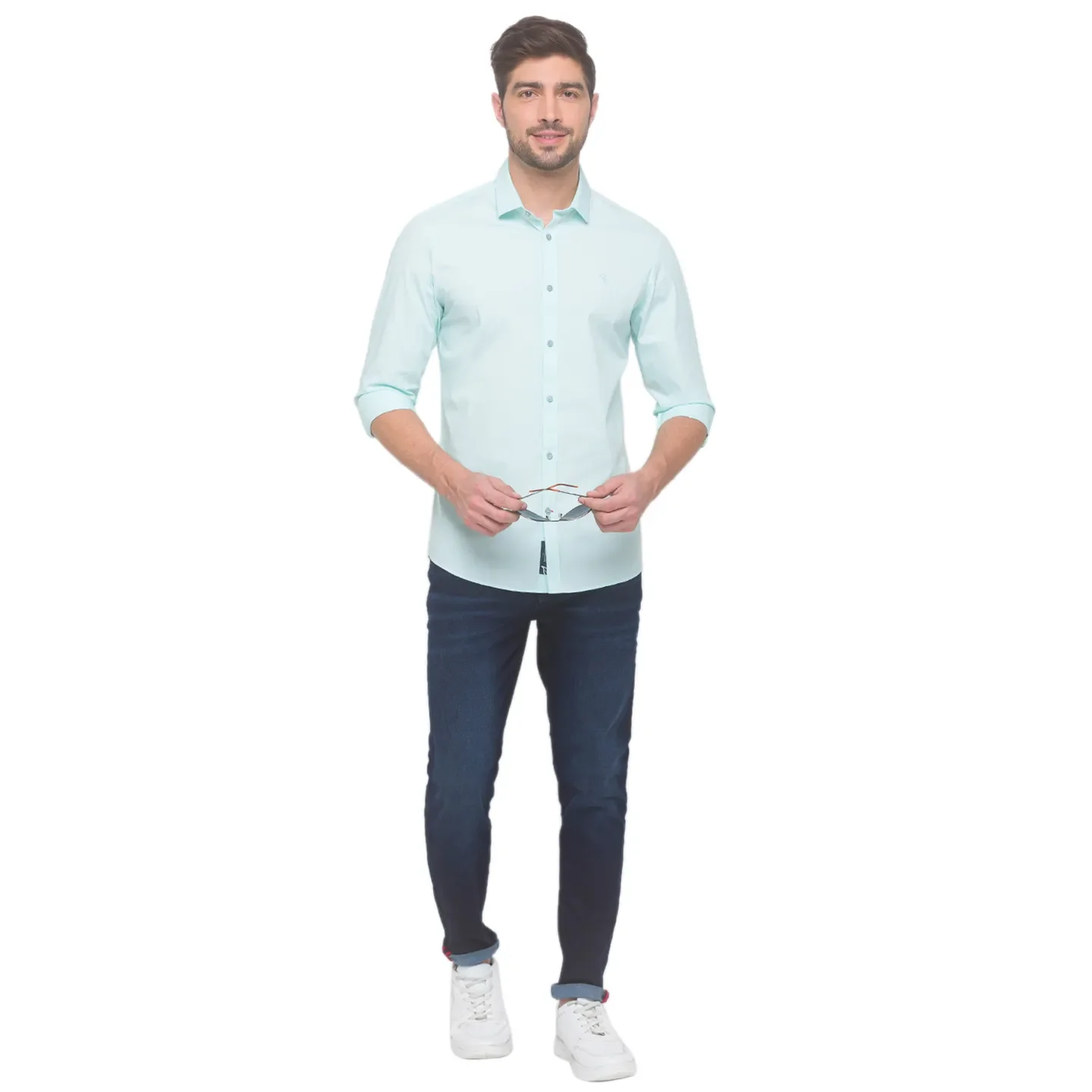 Green Slim Straight Fit Regular Collar Long Sleeves Cotton Men's Shirt by Being Human Clothing - Image 5