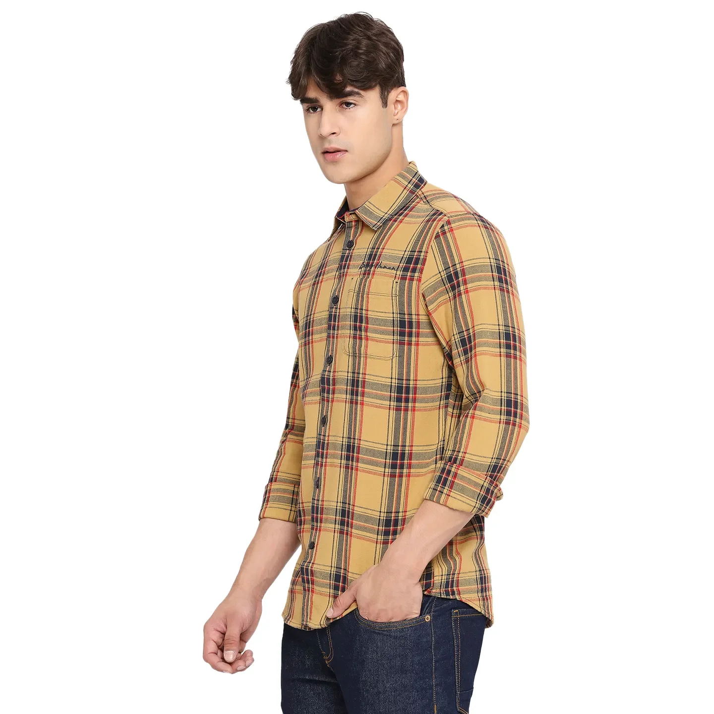 Yellow Slim Straight Fit Regular Collar Long Sleeves Cotton Men's Shirt by Being Human Clothing - Image 2