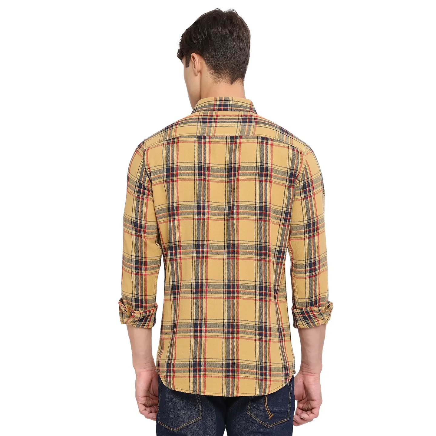 Yellow Slim Straight Fit Regular Collar Long Sleeves Cotton Men's Shirt by Being Human Clothing - Image 4