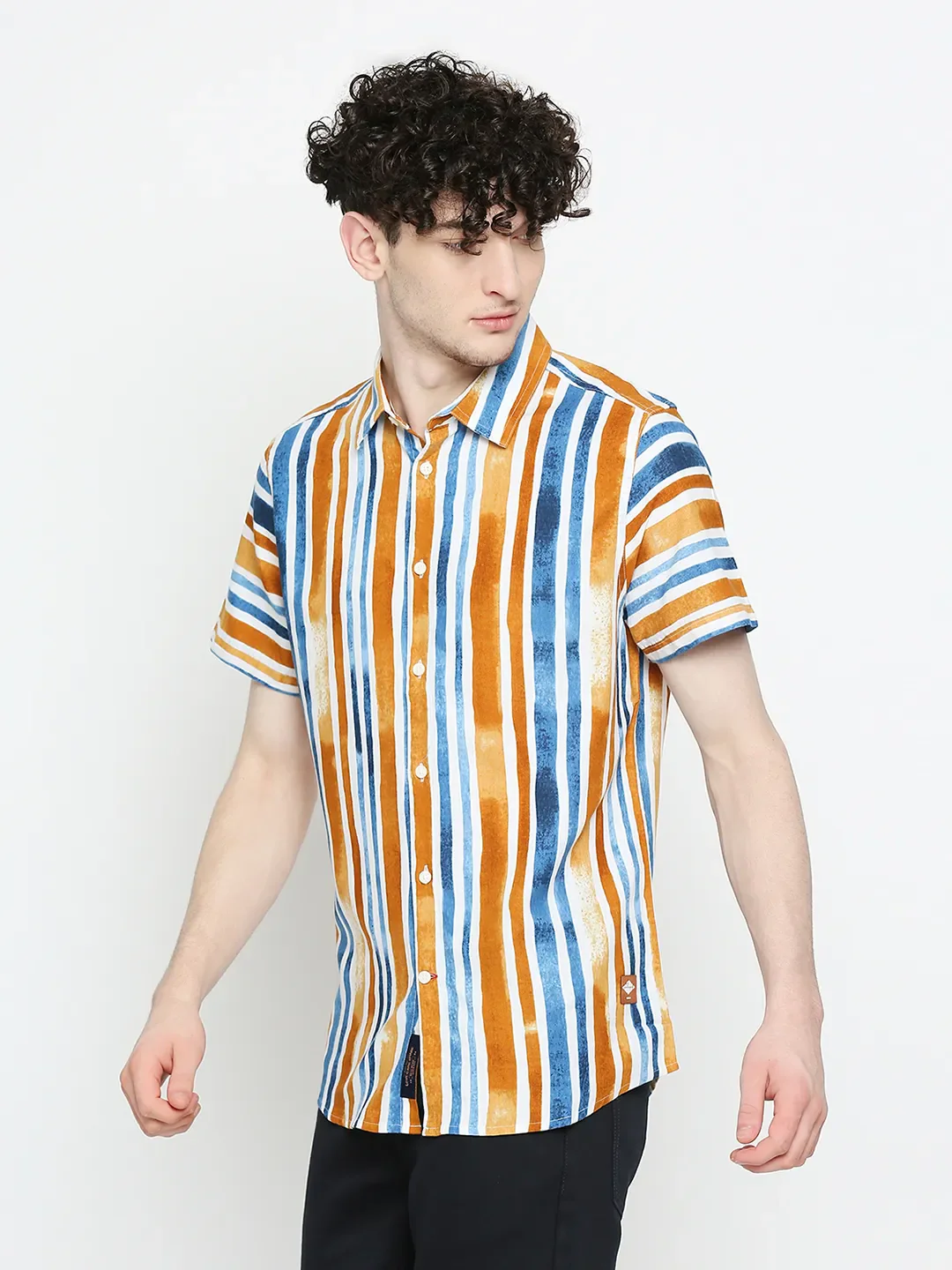 Yellow Slim Straight Fit Regular Collar Short Sleeves Cotton Men's Shirt by Being Human Clothing - Image 2