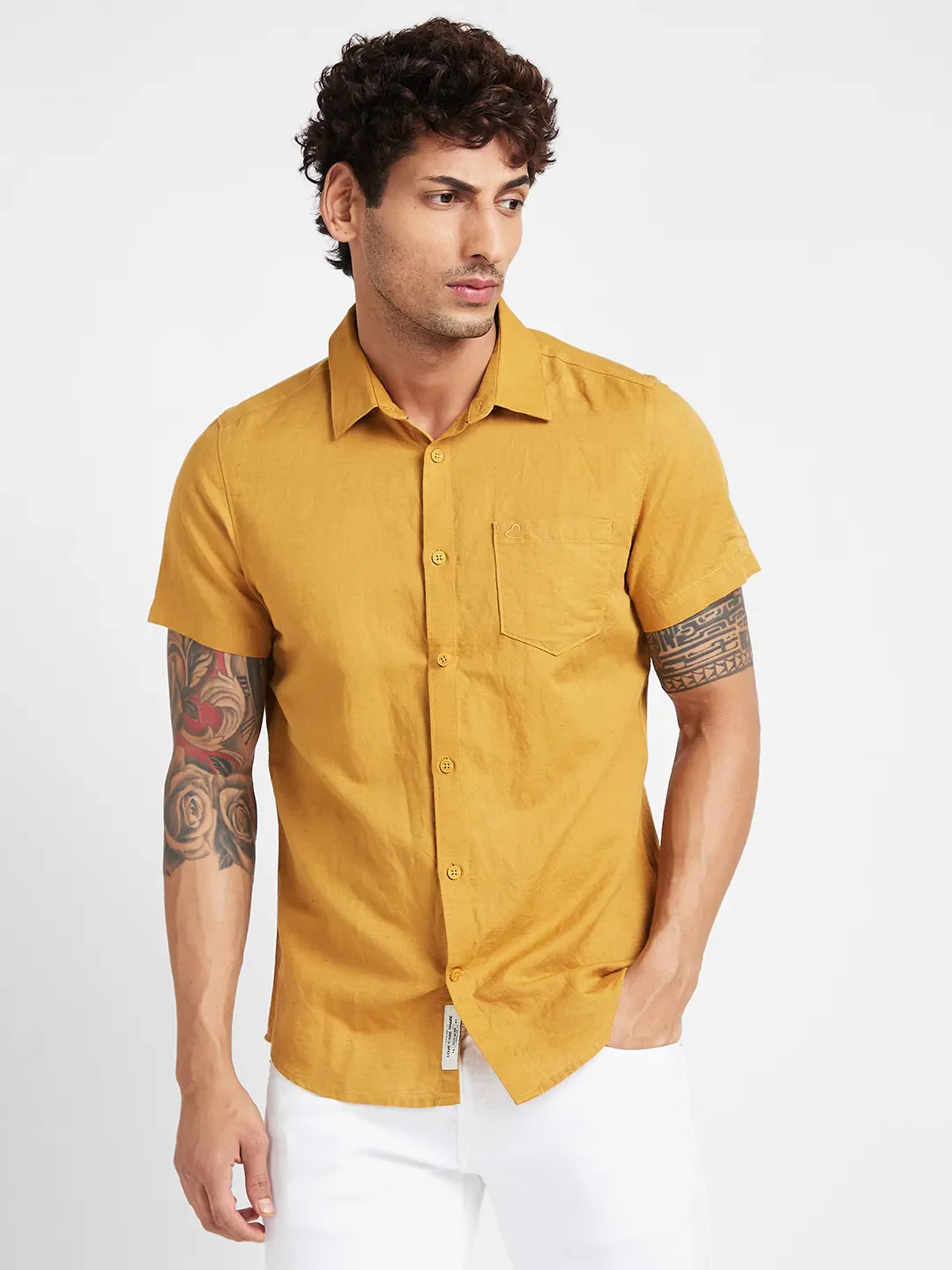 Yellow Slim Straight Fit Regular Collar Short Sleeves Men's Shirt by Being Human Clothing