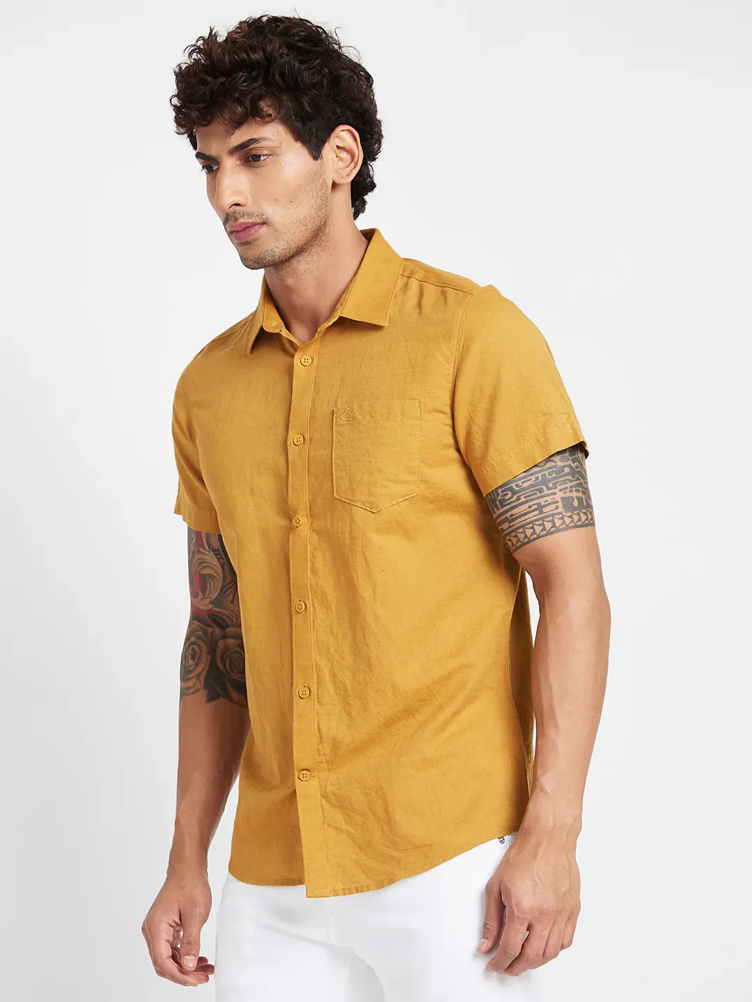 Yellow Slim Straight Fit Regular Collar Short Sleeves Men's Shirt by Being Human Clothing - Image 2