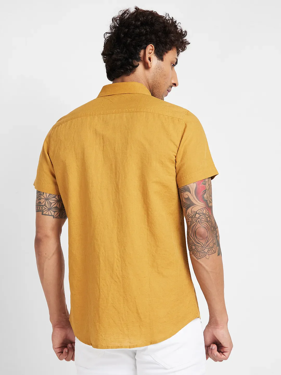 Yellow Slim Straight Fit Regular Collar Short Sleeves Men's Shirt by Being Human Clothing - Image 3