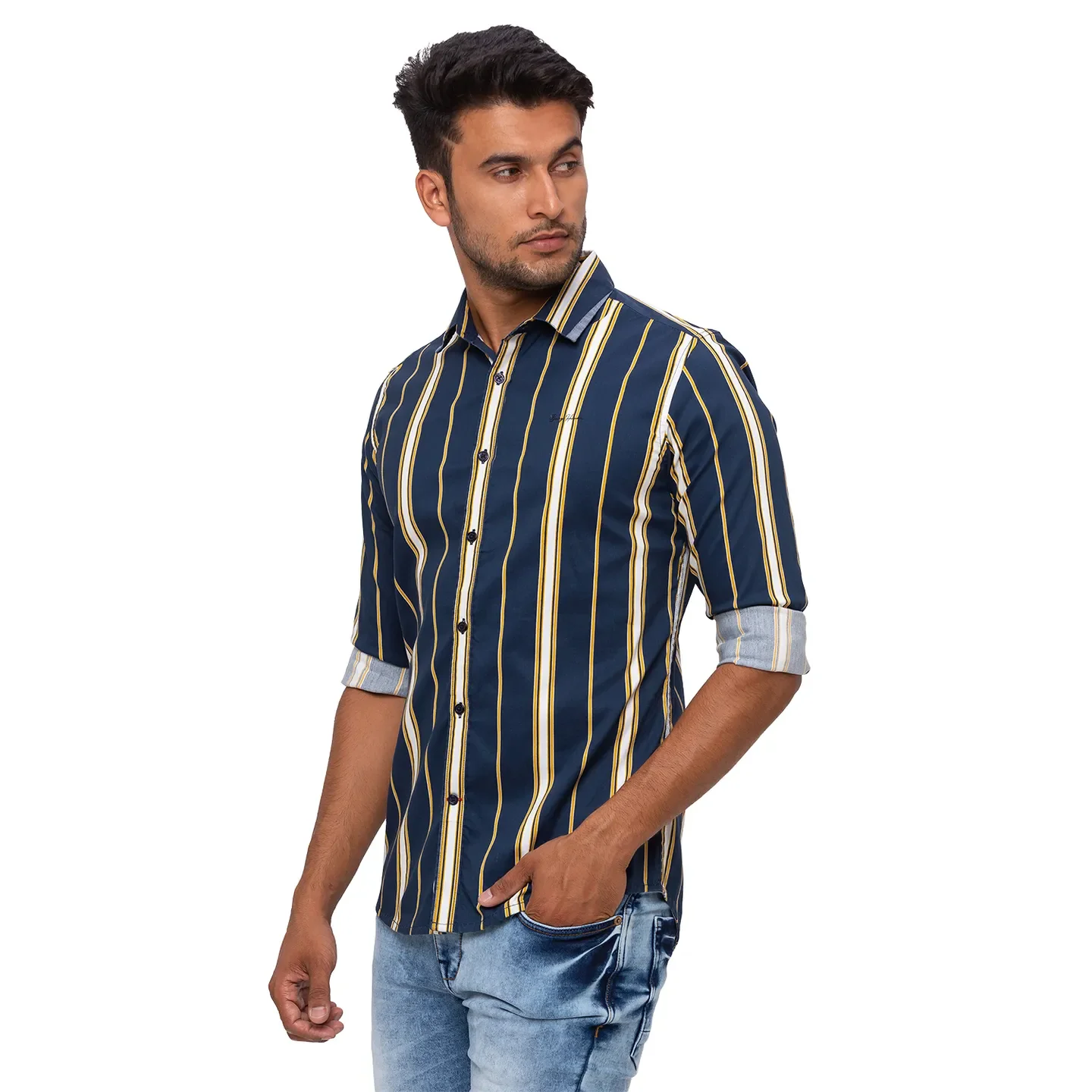Yellow Slim Straight Fit Regular Collar Long Sleeves Cotton Men's Shirt by Being Human Clothing - Image 2