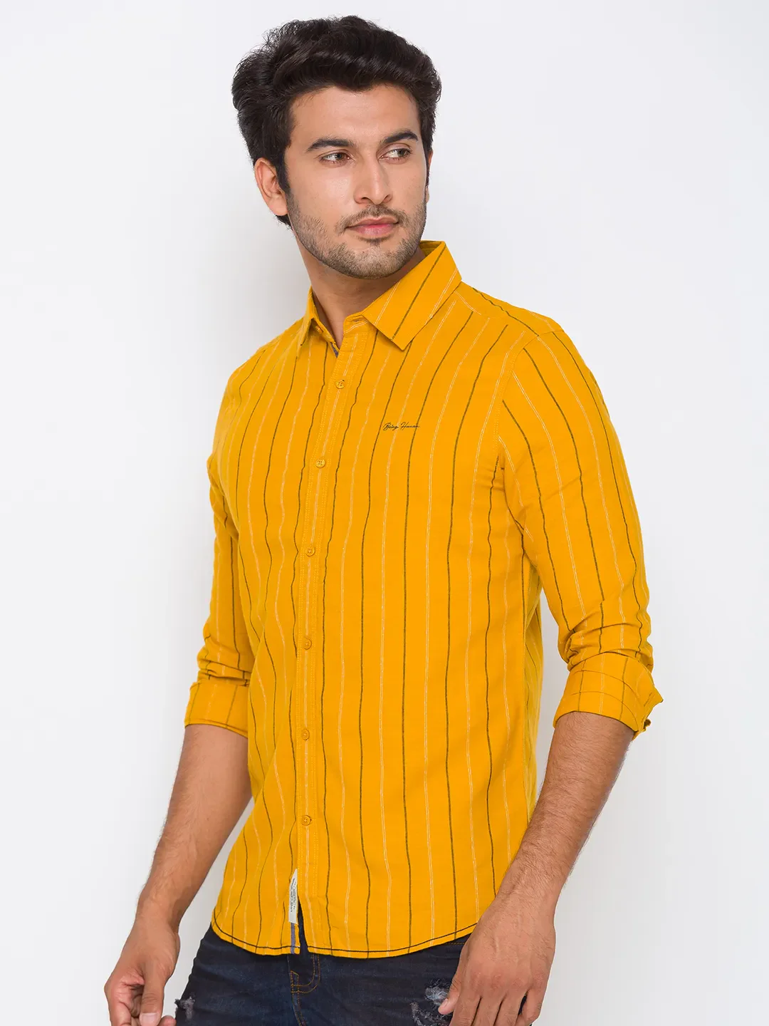 Yellow Slim Straight Fit Regular Collar Long Sleeves Cotton Men's Shirt by Being Human Clothing - Image 2