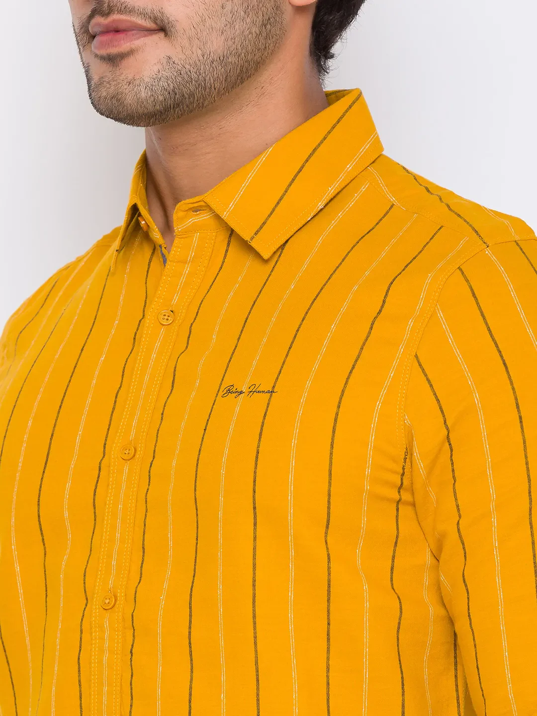 Yellow Slim Straight Fit Regular Collar Long Sleeves Cotton Men's Shirt by Being Human Clothing - Image 4