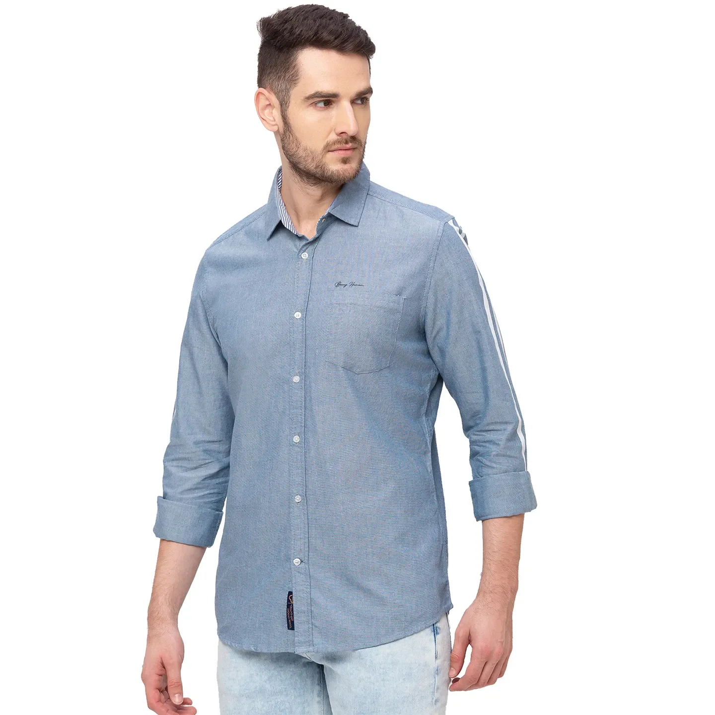 Blue Slim Straight Fit Regular Collar Long Sleeves Cotton Men's Shirt by Being Human Clothing - Image 3