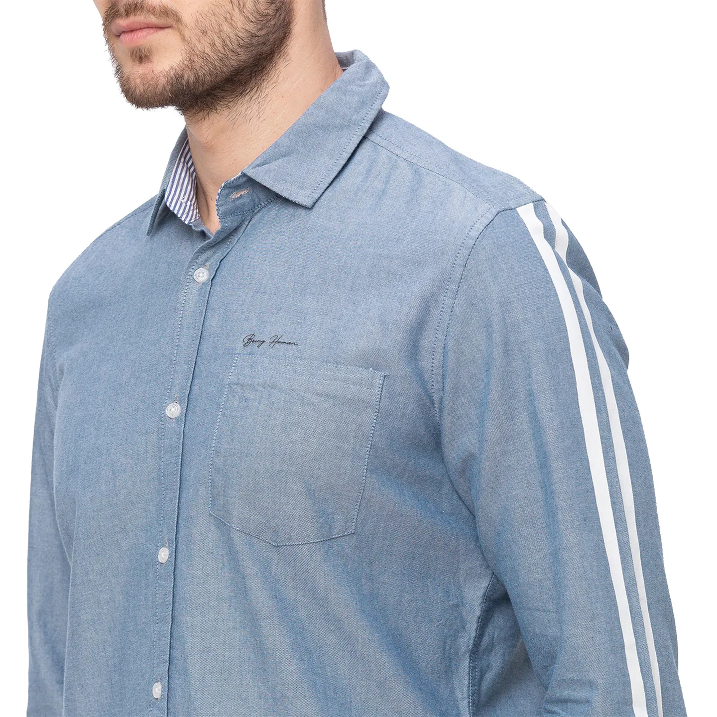 Blue Slim Straight Fit Regular Collar Long Sleeves Cotton Men's Shirt by Being Human Clothing - Image 4