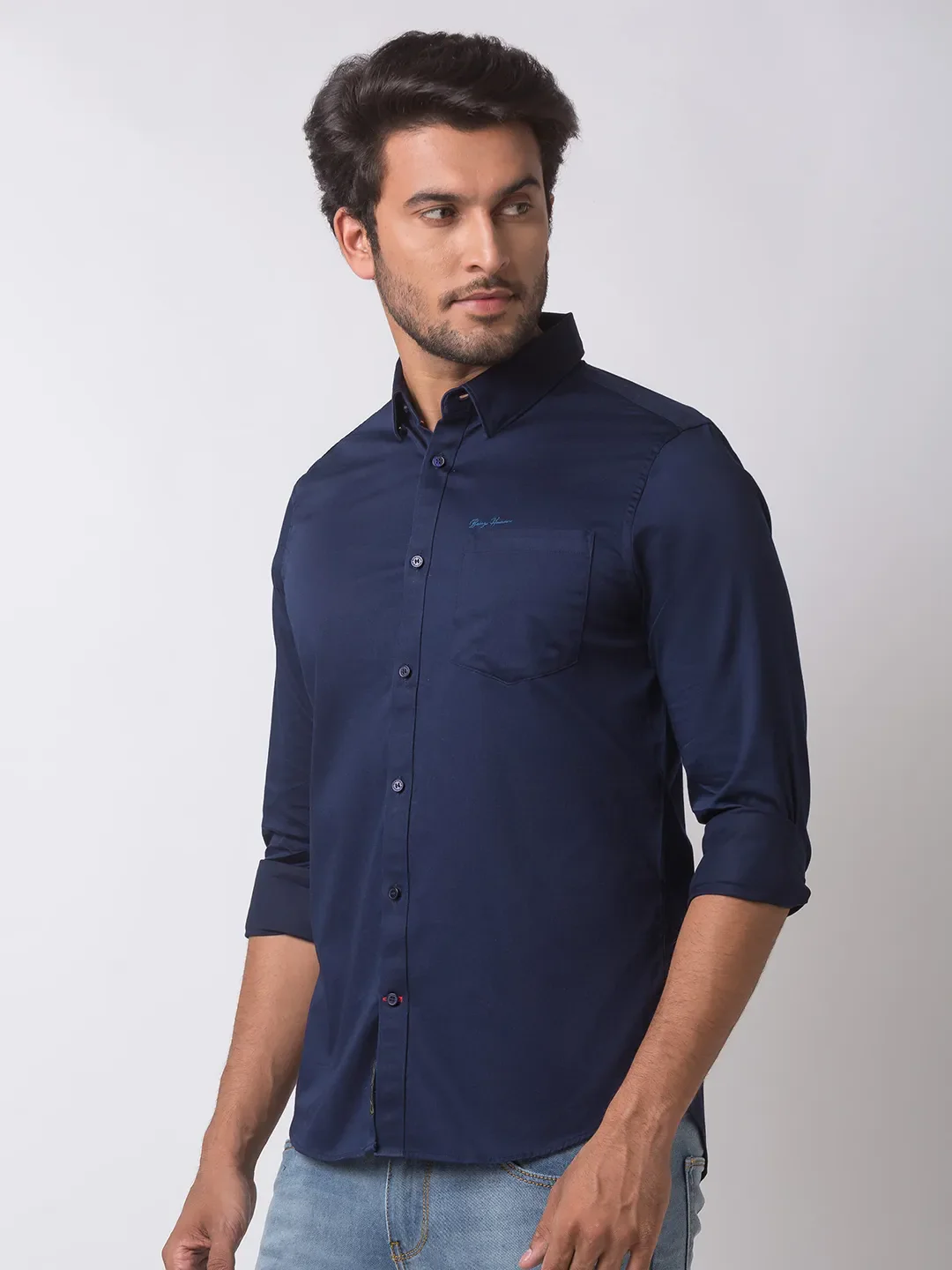 Blue Slim Straight Fit Regular Collar Long Sleeves Cotton Men's Shirt by Being Human Clothing - Image 2
