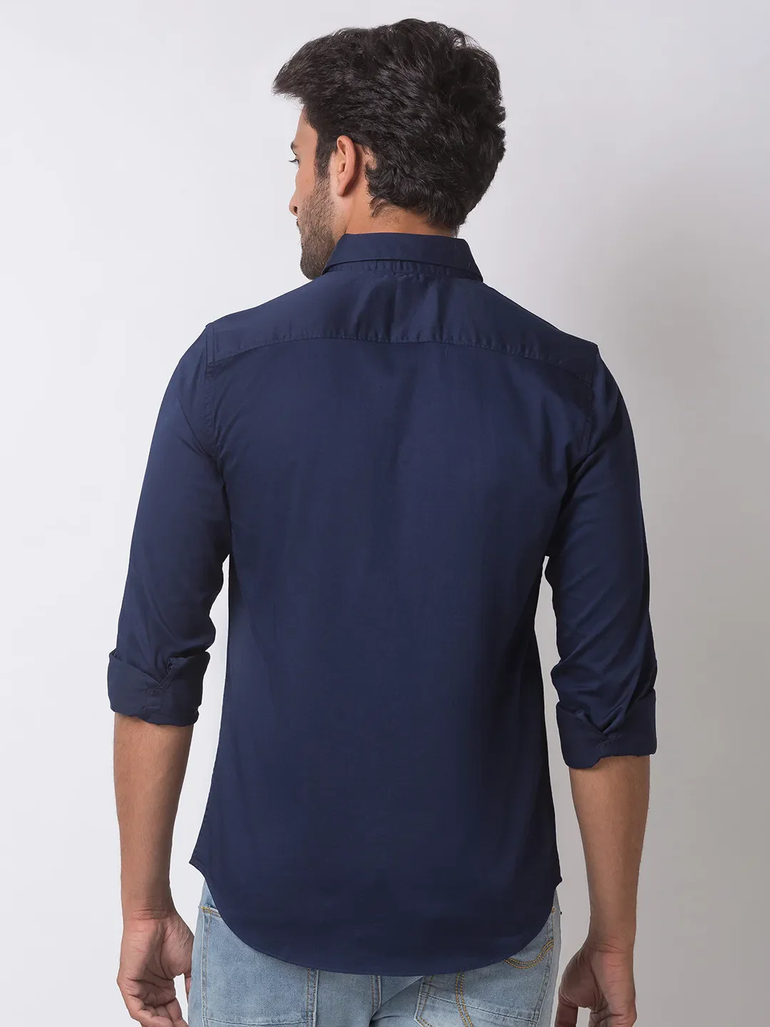 Blue Slim Straight Fit Regular Collar Long Sleeves Cotton Men's Shirt by Being Human Clothing - Image 4