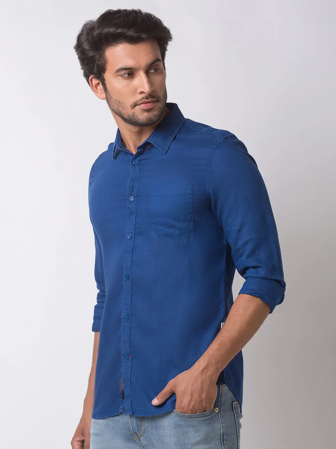Blue Slim Straight Fit Regular Collar Long Sleeves Cotton Men's Shirt by Being Human Clothing - Image 2