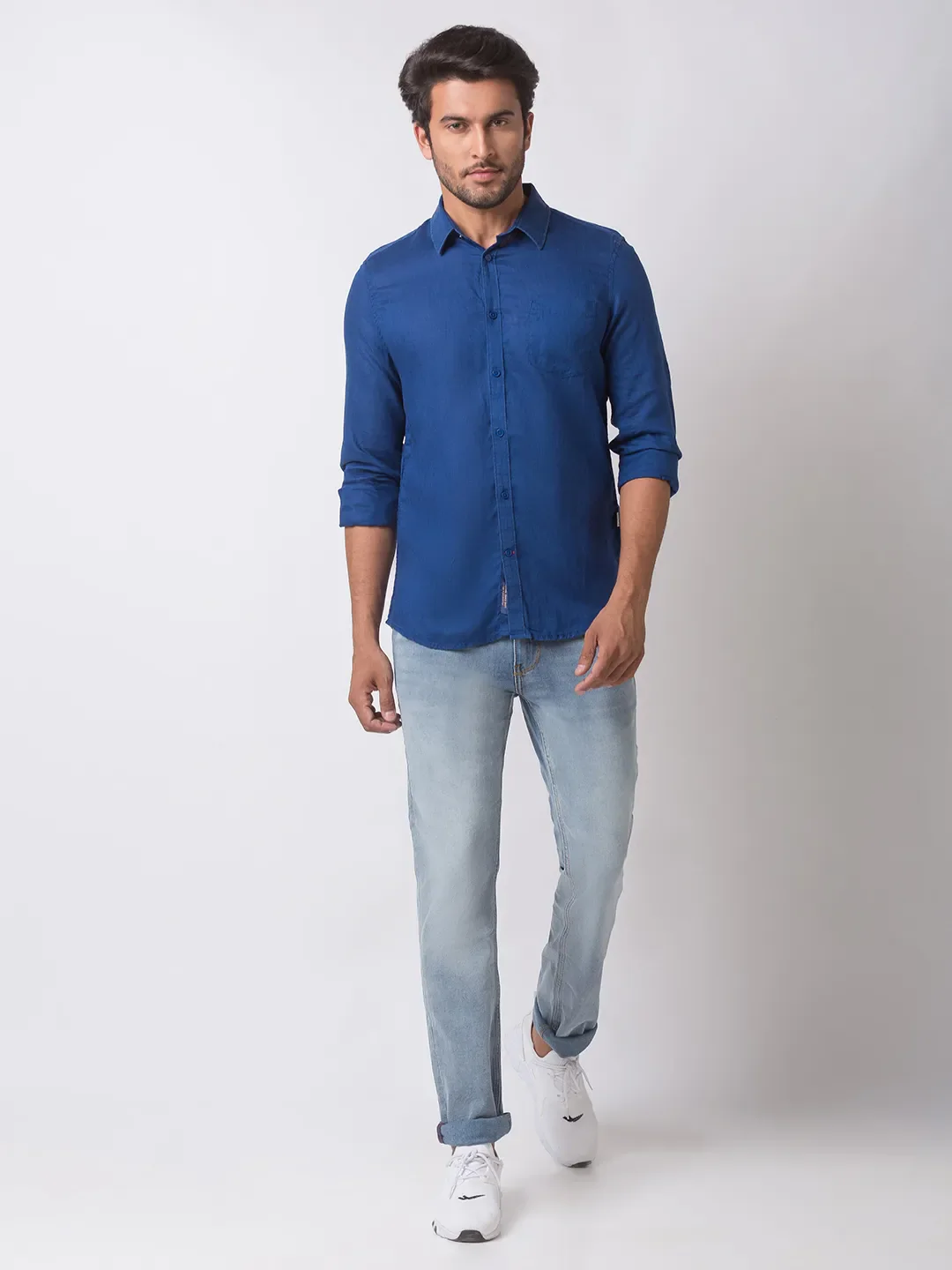 Blue Slim Straight Fit Regular Collar Long Sleeves Cotton Men's Shirt by Being Human Clothing - Image 5