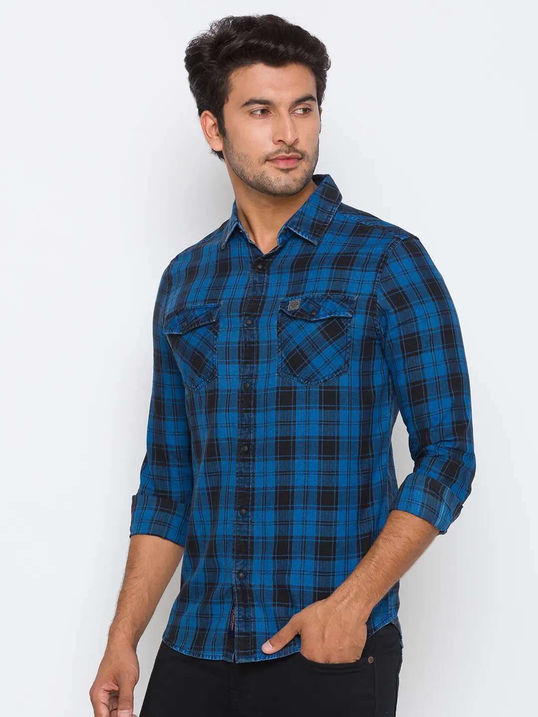 Blue Slim Straight Fit Regular Collar Long Sleeves Cotton Men's Shirt by Being Human Clothing - Image 2