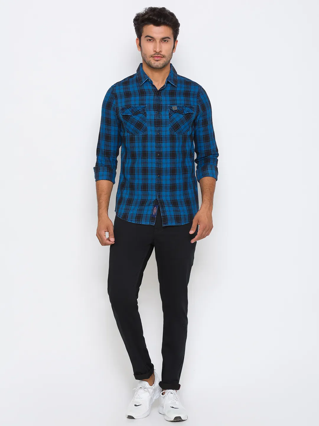 Blue Slim Straight Fit Regular Collar Long Sleeves Cotton Men's Shirt by Being Human Clothing - Image 5