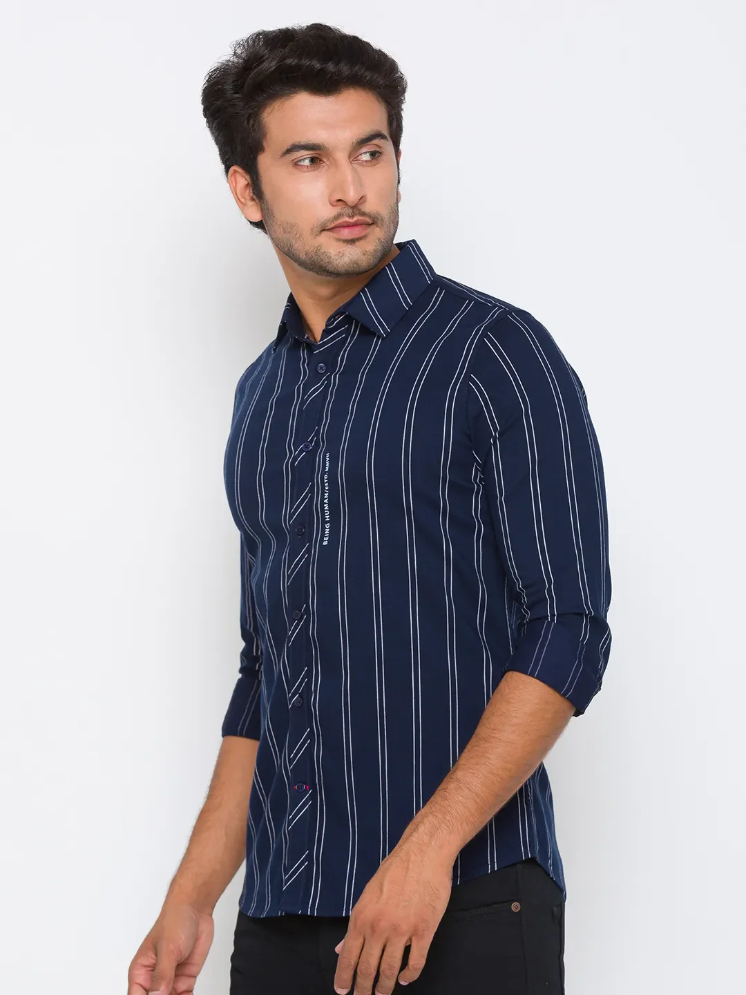 Blue Slim Straight Fit Regular Collar Long Sleeves Cotton Men's Shirt by Being Human Clothing - Image 2