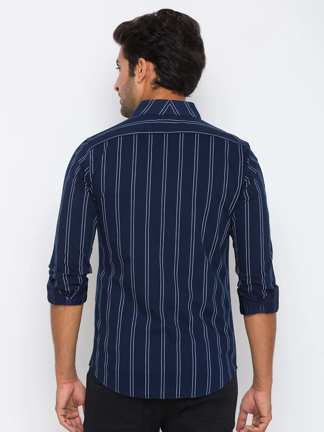 Blue Slim Straight Fit Regular Collar Long Sleeves Cotton Men's Shirt by Being Human Clothing - Image 3