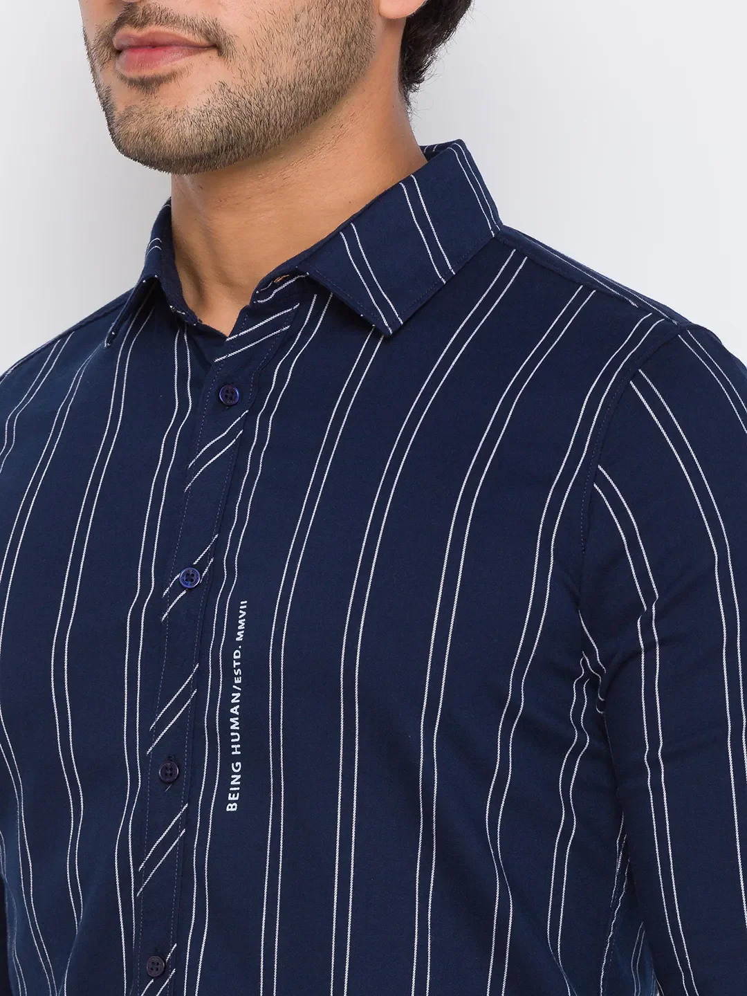Blue Slim Straight Fit Regular Collar Long Sleeves Cotton Men's Shirt by Being Human Clothing - Image 4
