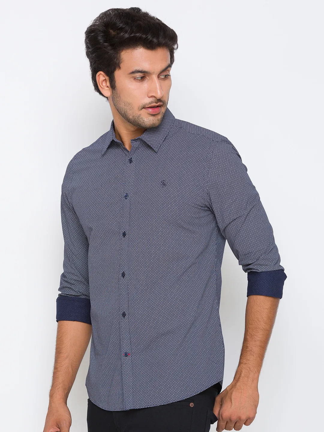 Blue Slim Straight Fit Regular Collar Long Sleeves Cotton Men's Shirt by Being Human Clothing - Image 2