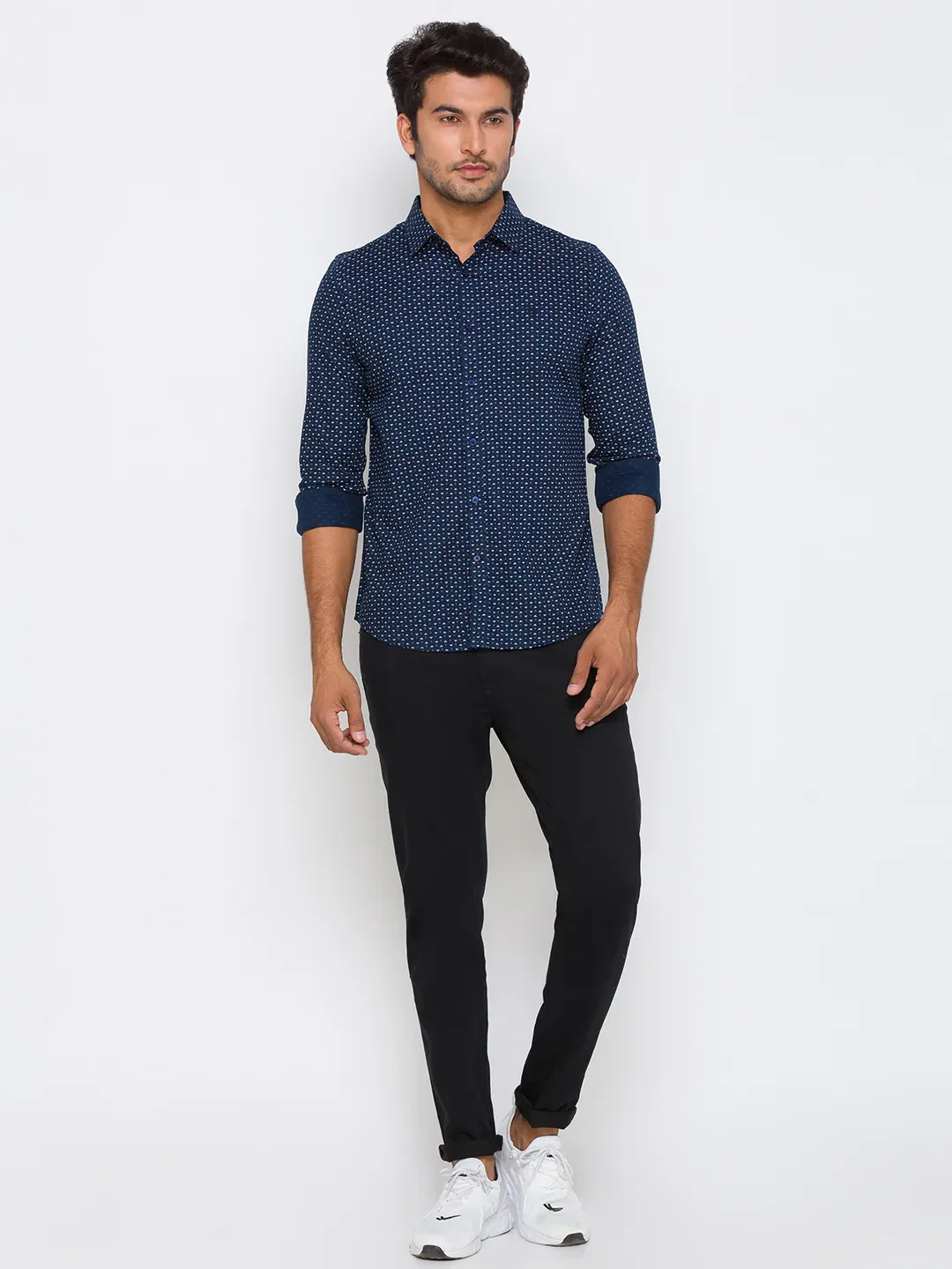 Blue Slim Straight Fit Regular Collar Long Sleeves Cotton Men's Shirt by Being Human Clothing - Image 5
