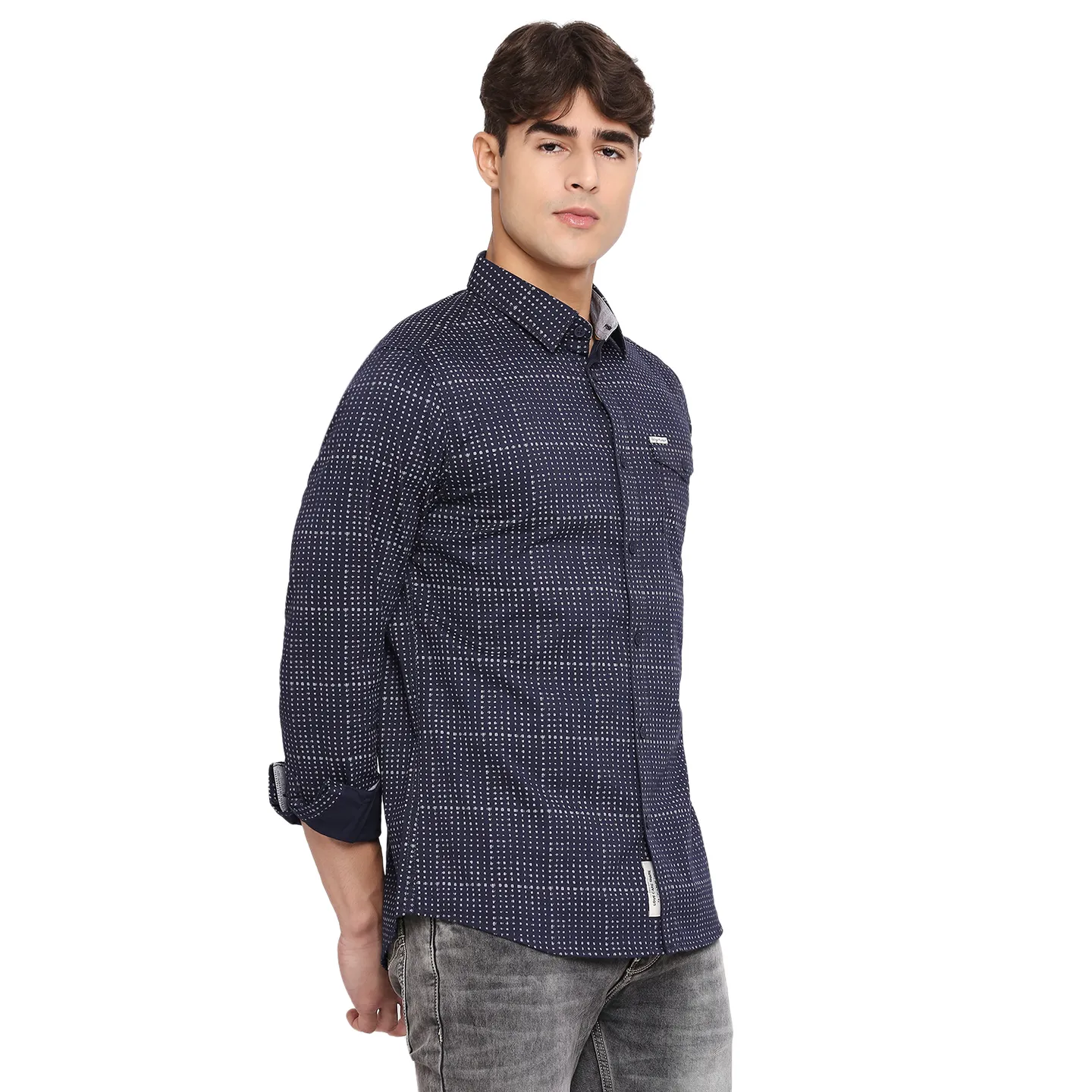 Blue Slim Straight Fit Regular Collar Long Sleeves Cotton Men's Shirt by Being Human Clothing - Image 3