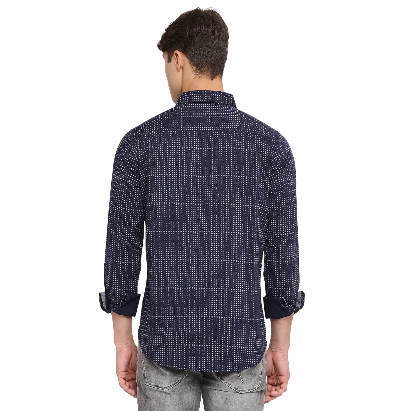 Blue Slim Straight Fit Regular Collar Long Sleeves Cotton Men's Shirt by Being Human Clothing - Image 4