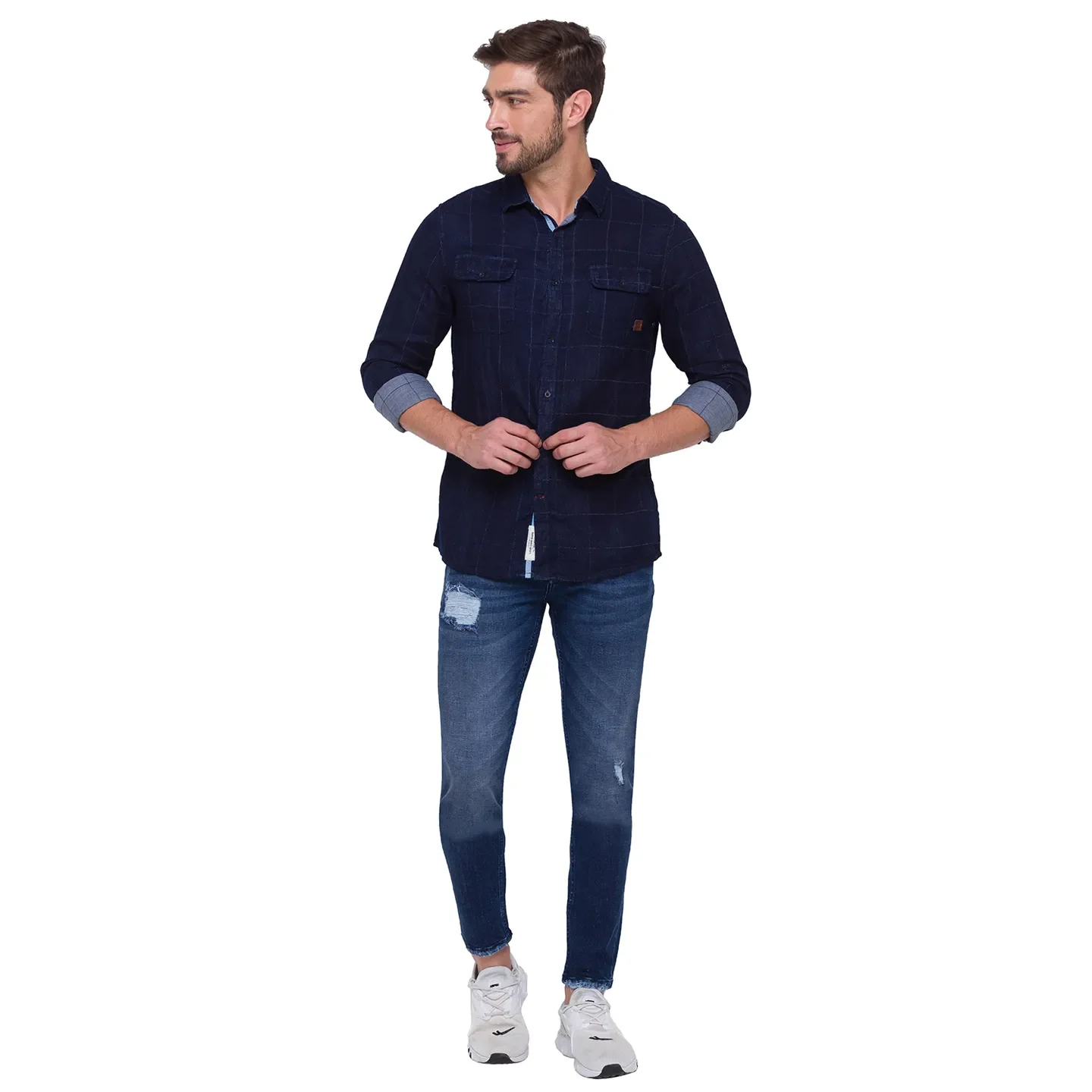 Blue Slim Straight Fit Regular Collar Long Sleeves Cotton Men's Shirt by Being Human Clothing - Image 4