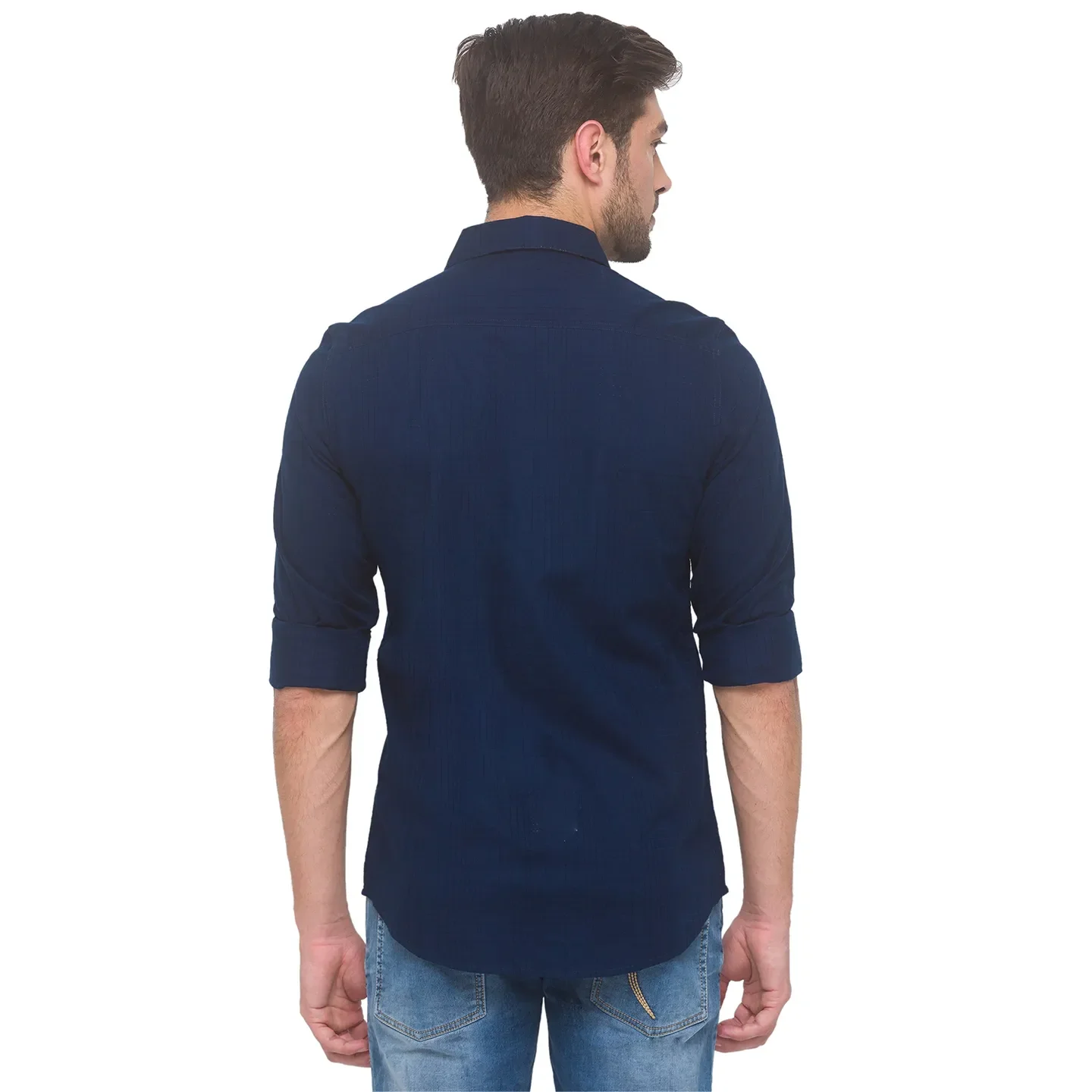 Blue Slim Straight Fit Regular Collar Long Sleeves Cotton Men's Shirt by Being Human Clothing - Image 2