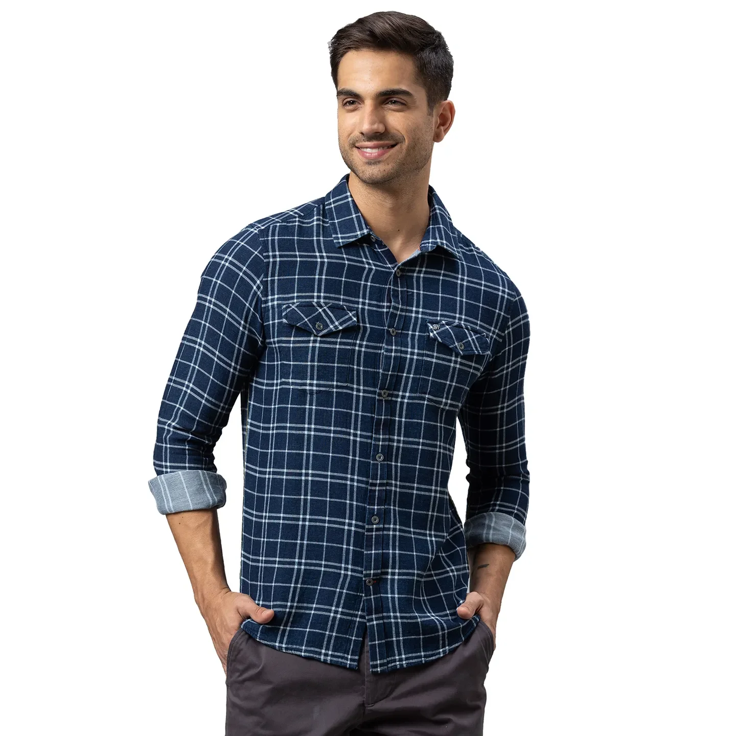 Blue Slim Straight Fit Regular Collar Long Sleeves Cotton Men's Shirt by Being Human Clothing