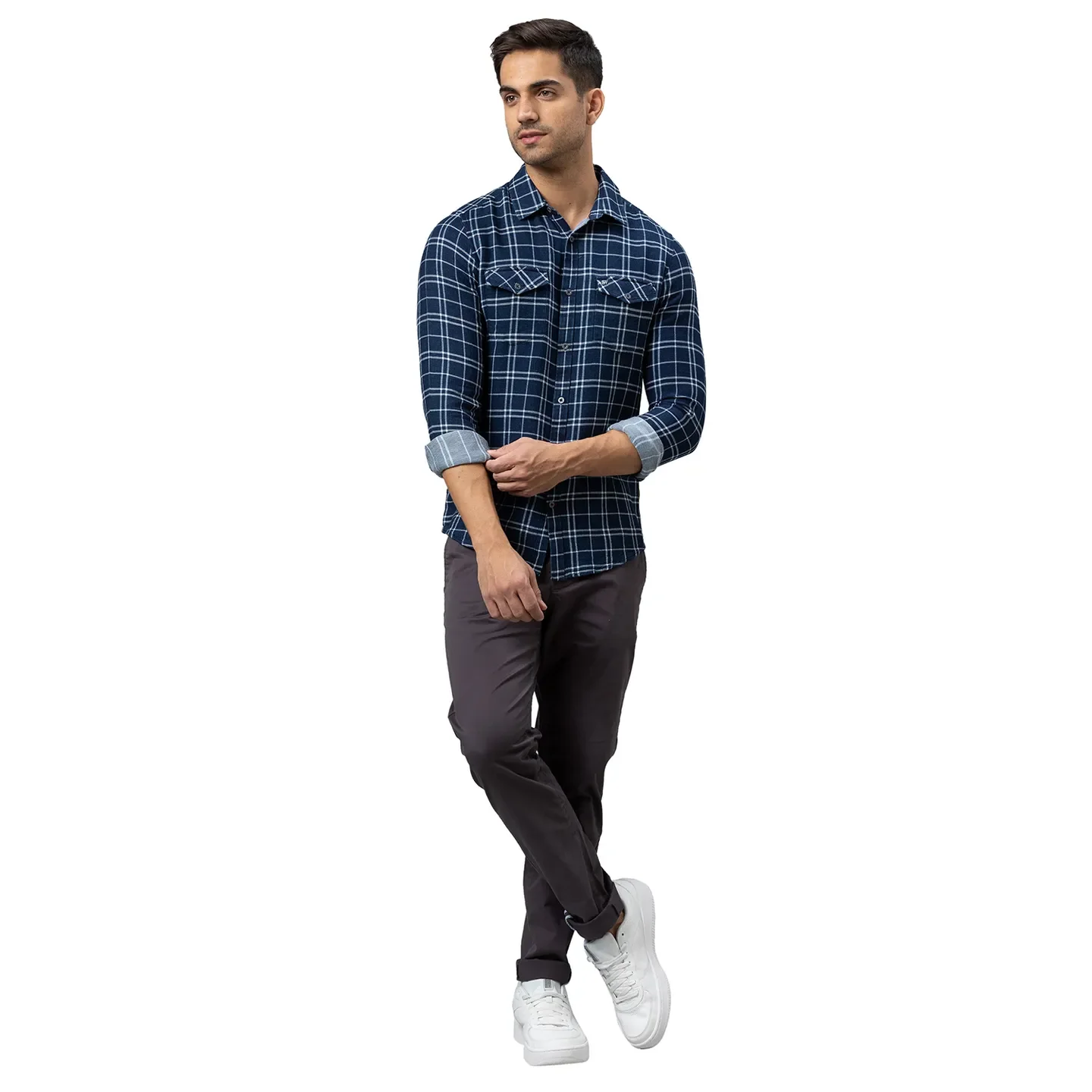 Blue Slim Straight Fit Regular Collar Long Sleeves Cotton Men's Shirt by Being Human Clothing - Image 2