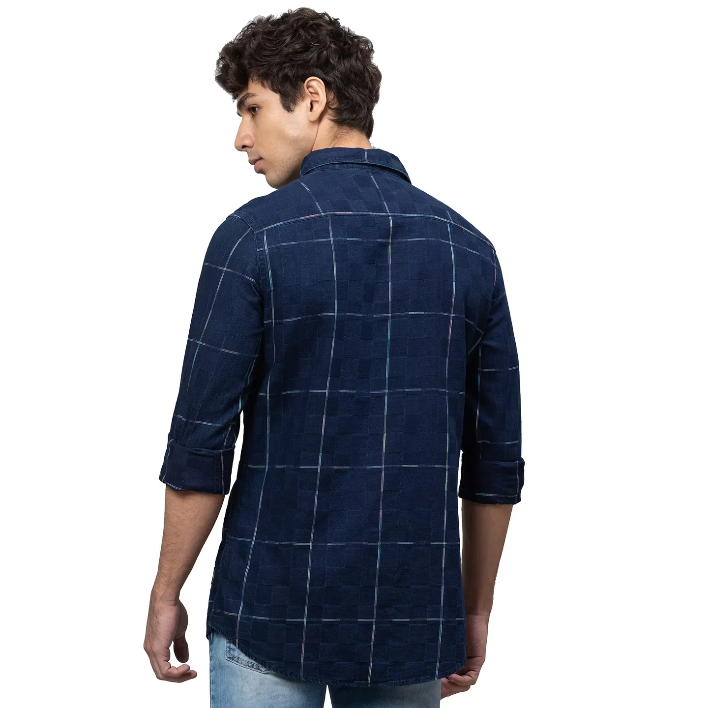 Blue Slim Straight Fit Regular Collar Long Sleeves Cotton Men's Shirt by Being Human Clothing - Image 3