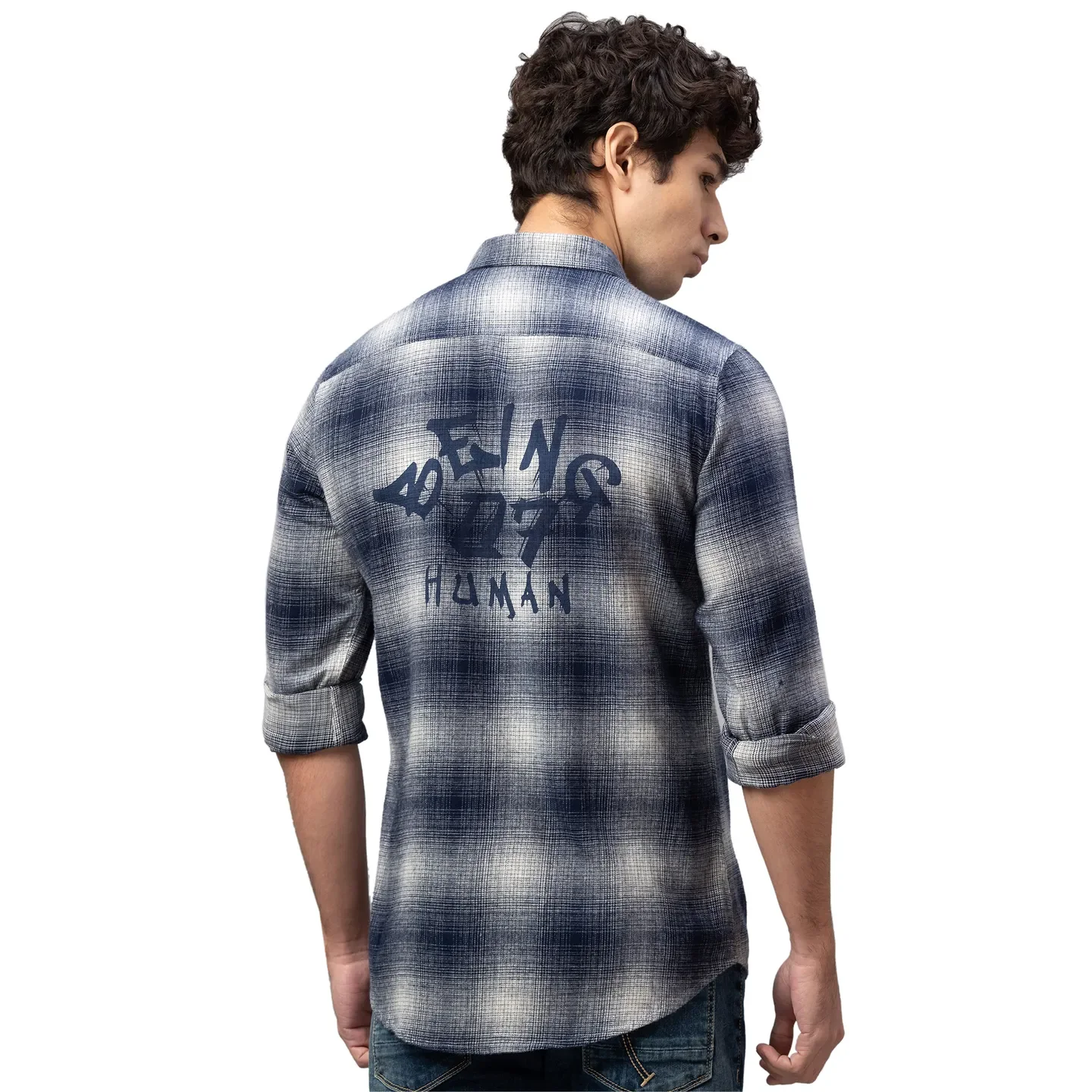 Blue Slim Straight Fit Regular Collar Long Sleeves Cotton Men's Shirt by Being Human Clothing - Image 3