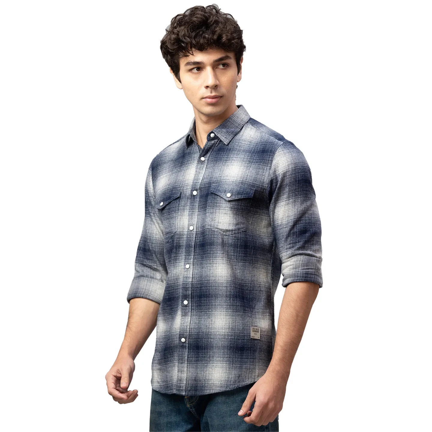 Blue Slim Straight Fit Regular Collar Long Sleeves Cotton Men's Shirt by Being Human Clothing - Image 4