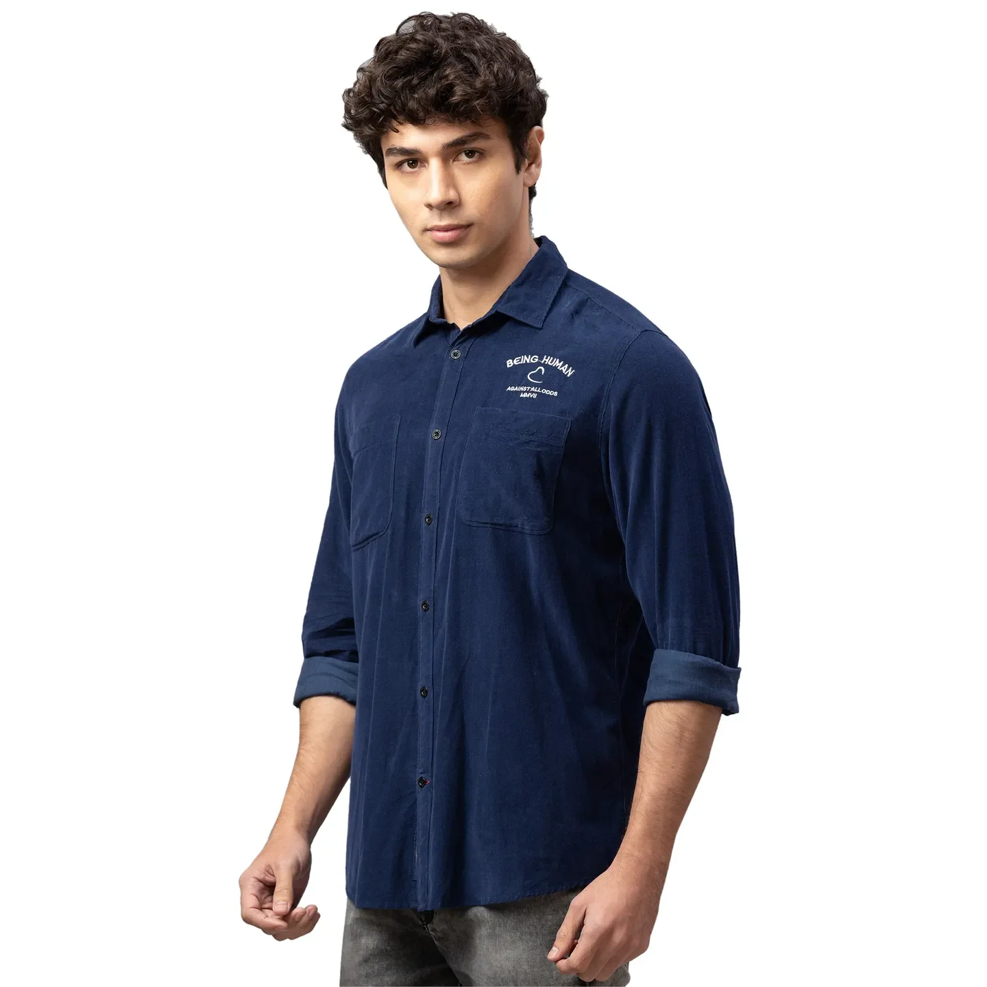 Blue Slim Straight Fit Regular Collar Long Sleeves Cotton Men's Shirt by Being Human Clothing - Image 4