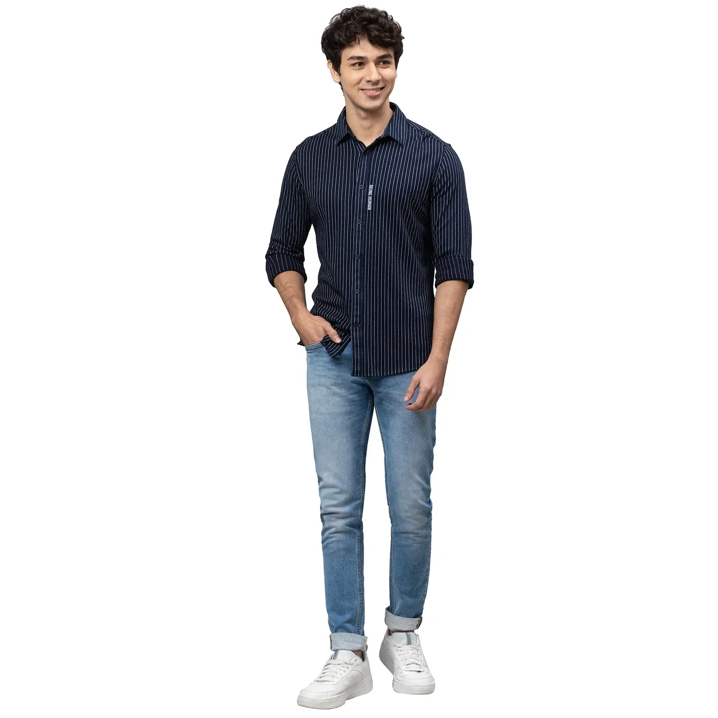 Blue Slim Straight Fit Regular Collar Long Sleeves Cotton Men's Shirt by Being Human Clothing - Image 2