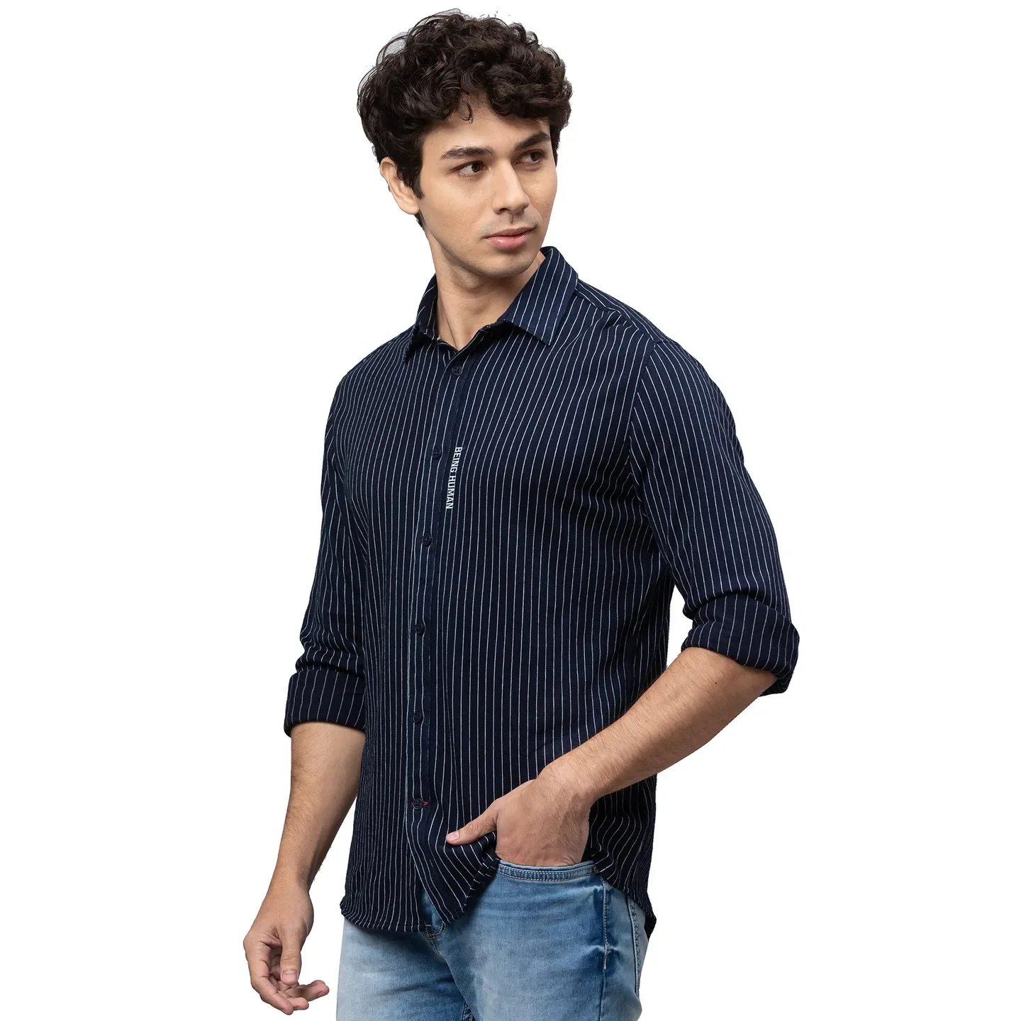 Blue Slim Straight Fit Regular Collar Long Sleeves Cotton Men's Shirt by Being Human Clothing - Image 4