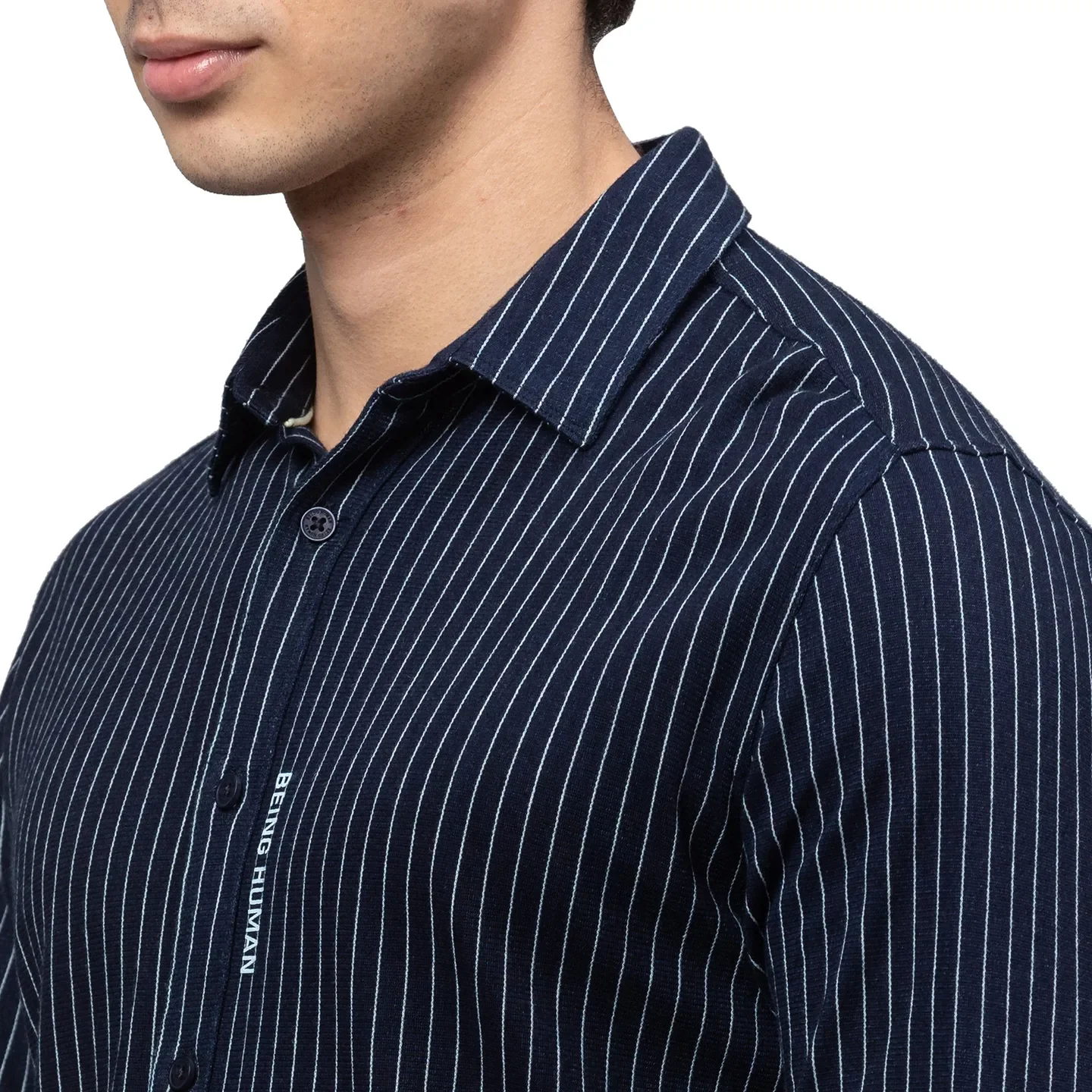 Blue Slim Straight Fit Regular Collar Long Sleeves Cotton Men's Shirt by Being Human Clothing - Image 5