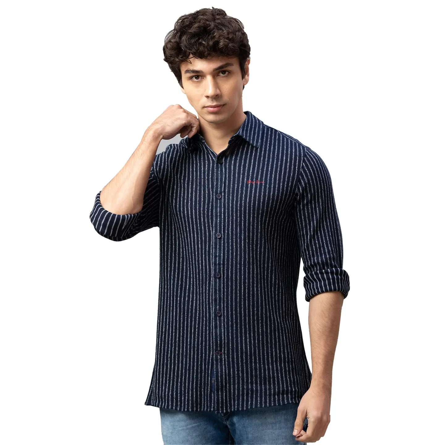 Blue Slim Straight Fit Regular Collar Long Sleeves Cotton Men's Shirt by Being Human Clothing